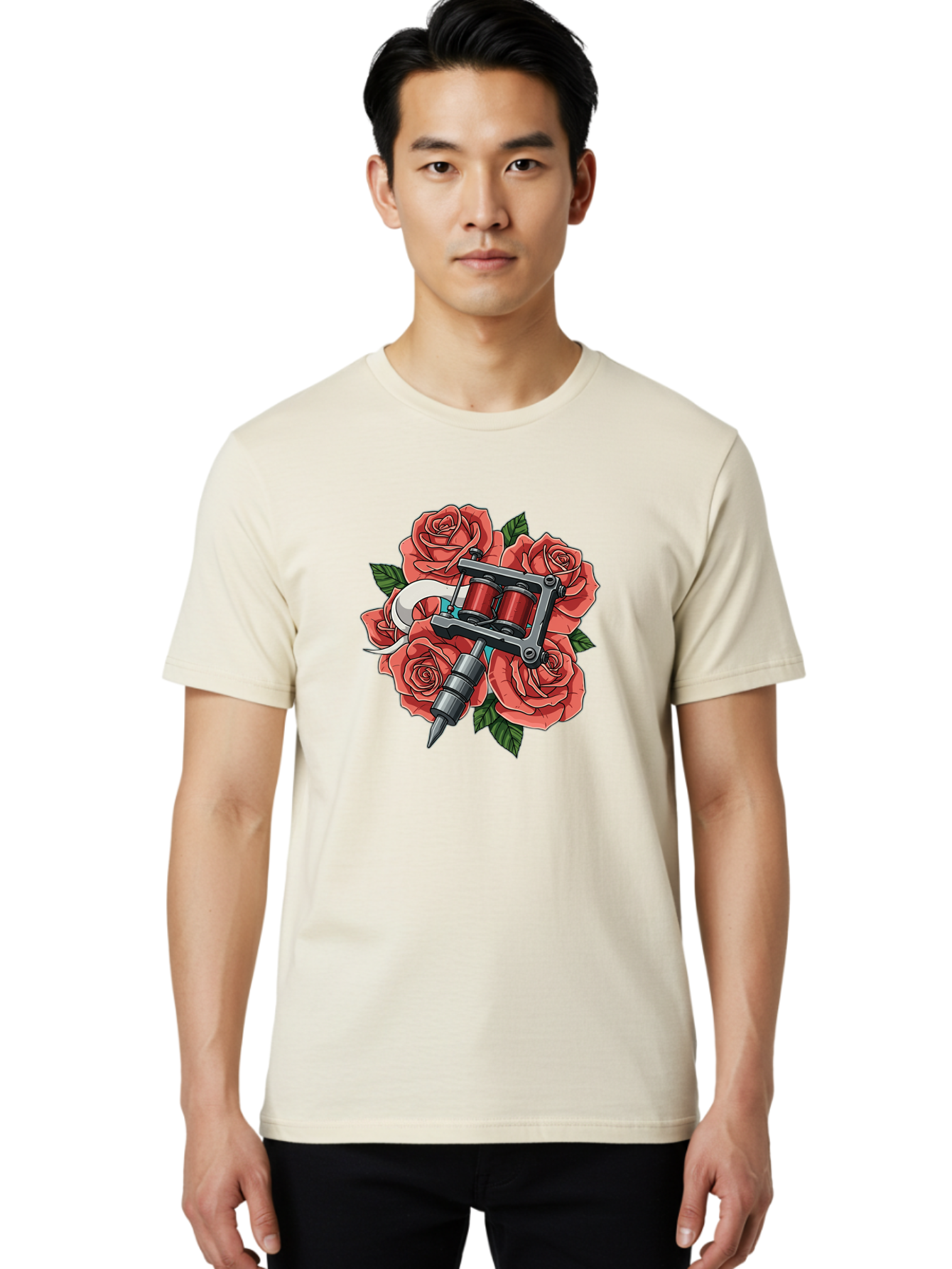 Tattoo-Machine-Roses-1 Men'S Graphic Tee, 100% Cotton, Comfortable Casual Summer Wear, Machine Washable, Tattoo Machine, Red Roses, Floral Design, Tattoo Art, Ink Art, Body Art, Tattoo Culture, Rose Bouquet, Vintage Tattoo Style Bad808