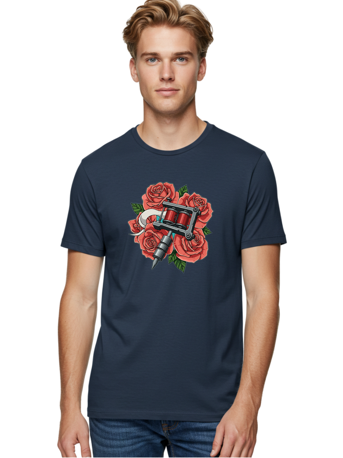 Tattoo-Machine-Roses-1 Men'S Graphic Tee, 100% Cotton, Comfortable Casual Summer Wear, Machine Washable, Tattoo Machine, Red Roses, Floral Design, Tattoo Art, Ink Art, Body Art, Tattoo Culture, Rose Bouquet, Vintage Tattoo Style Bad808