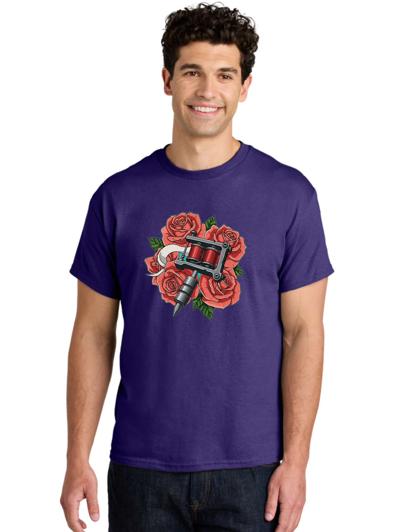 Tattoo-Machine-Roses-1 Men'S Graphic Tee, 100% Cotton, Comfortable Casual Summer Wear, Machine Washable, Tattoo Machine, Red Roses, Floral Design, Tattoo Art, Ink Art, Body Art, Tattoo Culture, Rose Bouquet, Vintage Tattoo Style Bad808