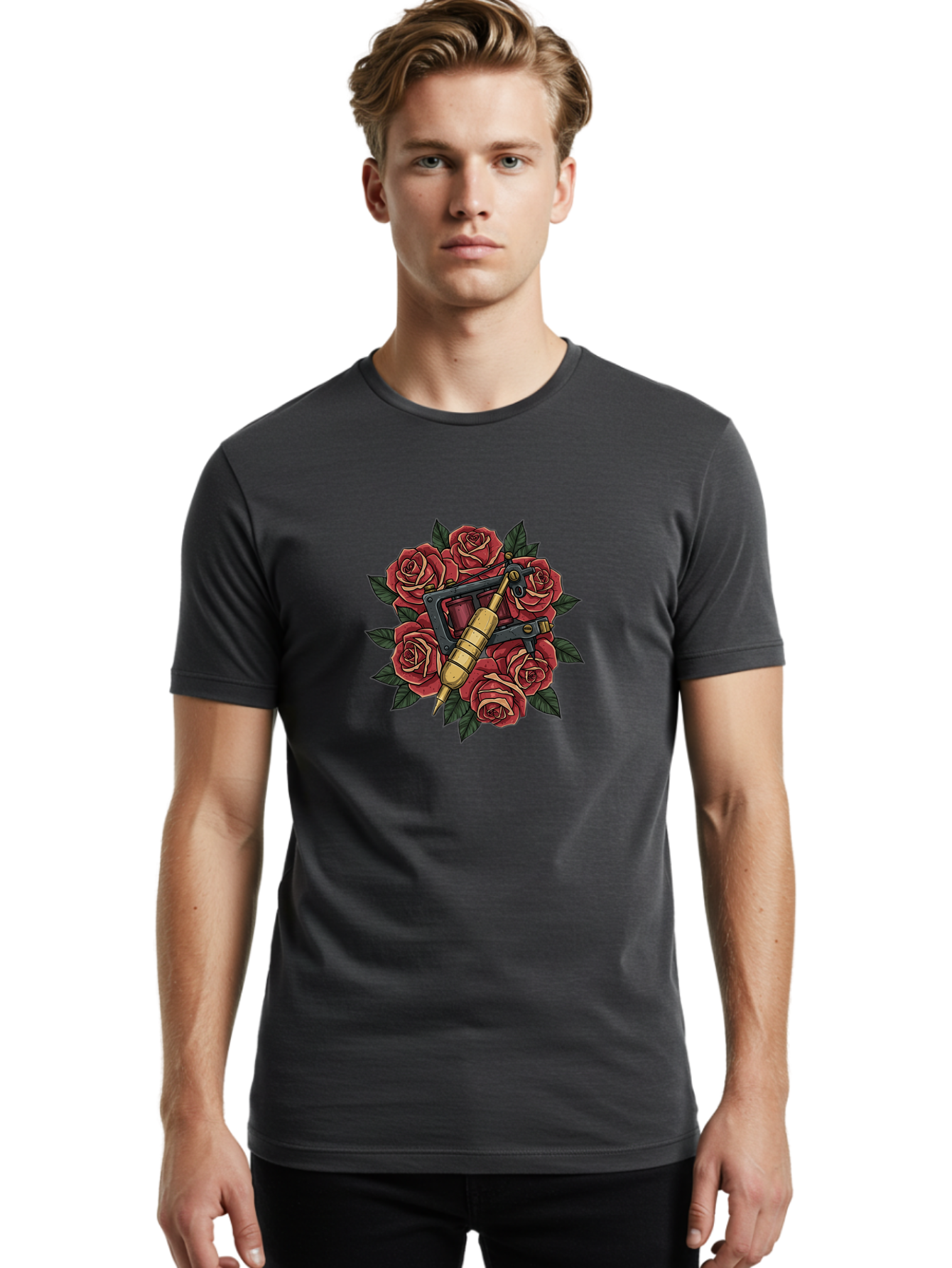 Tattoo-Machine-Roses Men'S Graphic Tee, 100% Cotton, Comfortable Casual Summer Wear, Machine Washable, Tattoo Machine, Red Roses, Floral Design, Traditional Tattoo Art, Vintage Tattoo Style, Tattoo Equipment, Ink Art, Rose Bouquet Bad809