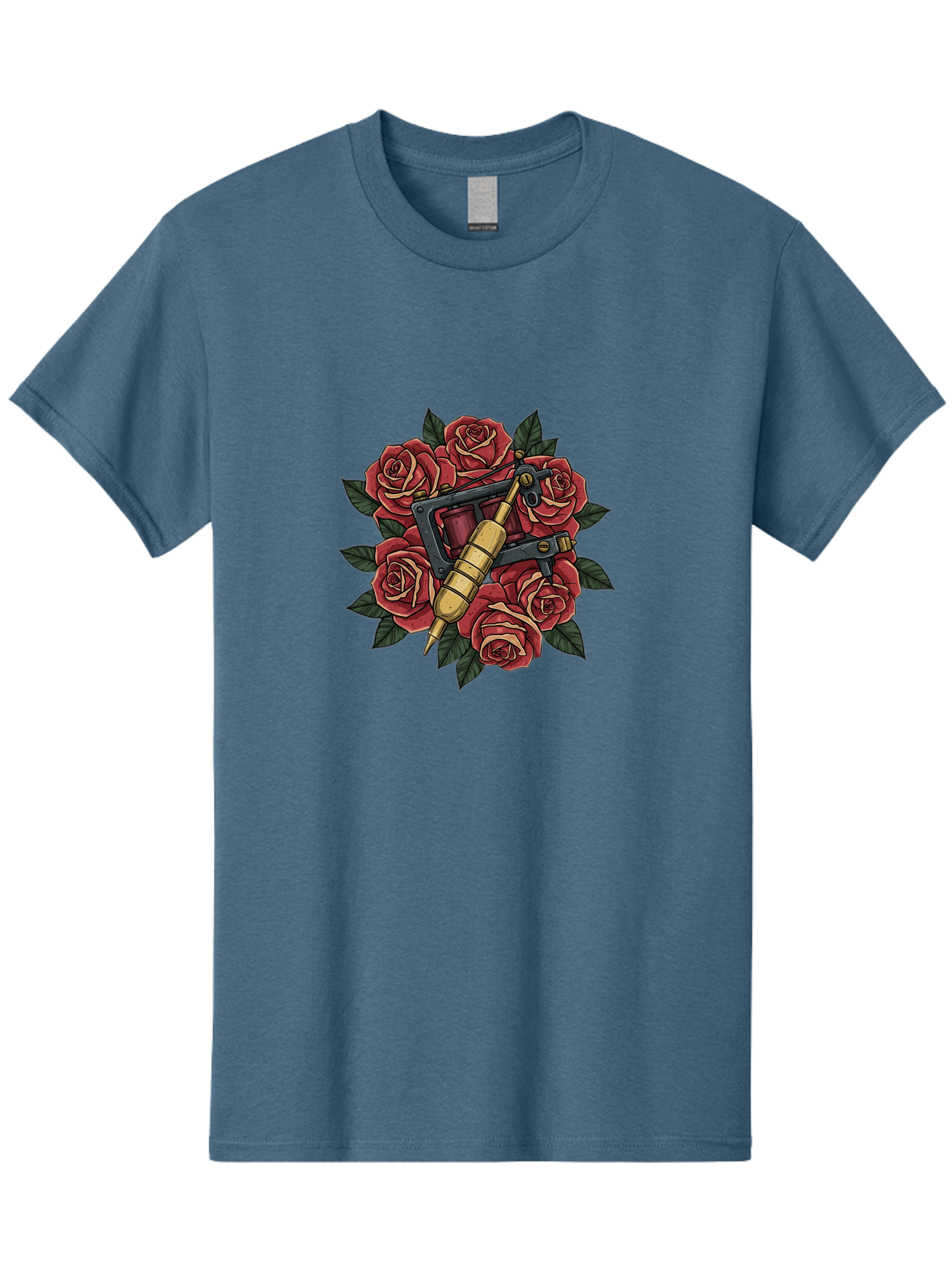 Tattoo-Machine-Roses Men'S Graphic Tee, 100% Cotton, Comfortable Casual Summer Wear, Machine Washable, Tattoo Machine, Red Roses, Floral Design, Traditional Tattoo Art, Vintage Tattoo Style, Tattoo Equipment, Ink Art, Rose Bouquet Bad809