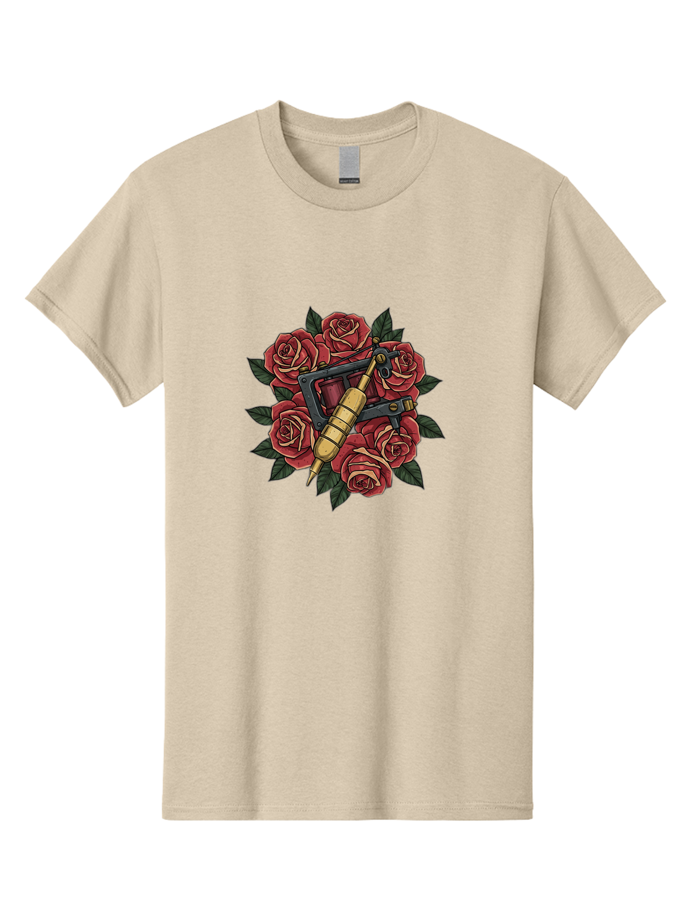 Tattoo-Machine-Roses Men'S Graphic Tee, 100% Cotton, Comfortable Casual Summer Wear, Machine Washable, Tattoo Machine, Red Roses, Floral Design, Traditional Tattoo Art, Vintage Tattoo Style, Tattoo Equipment, Ink Art, Rose Bouquet Bad809