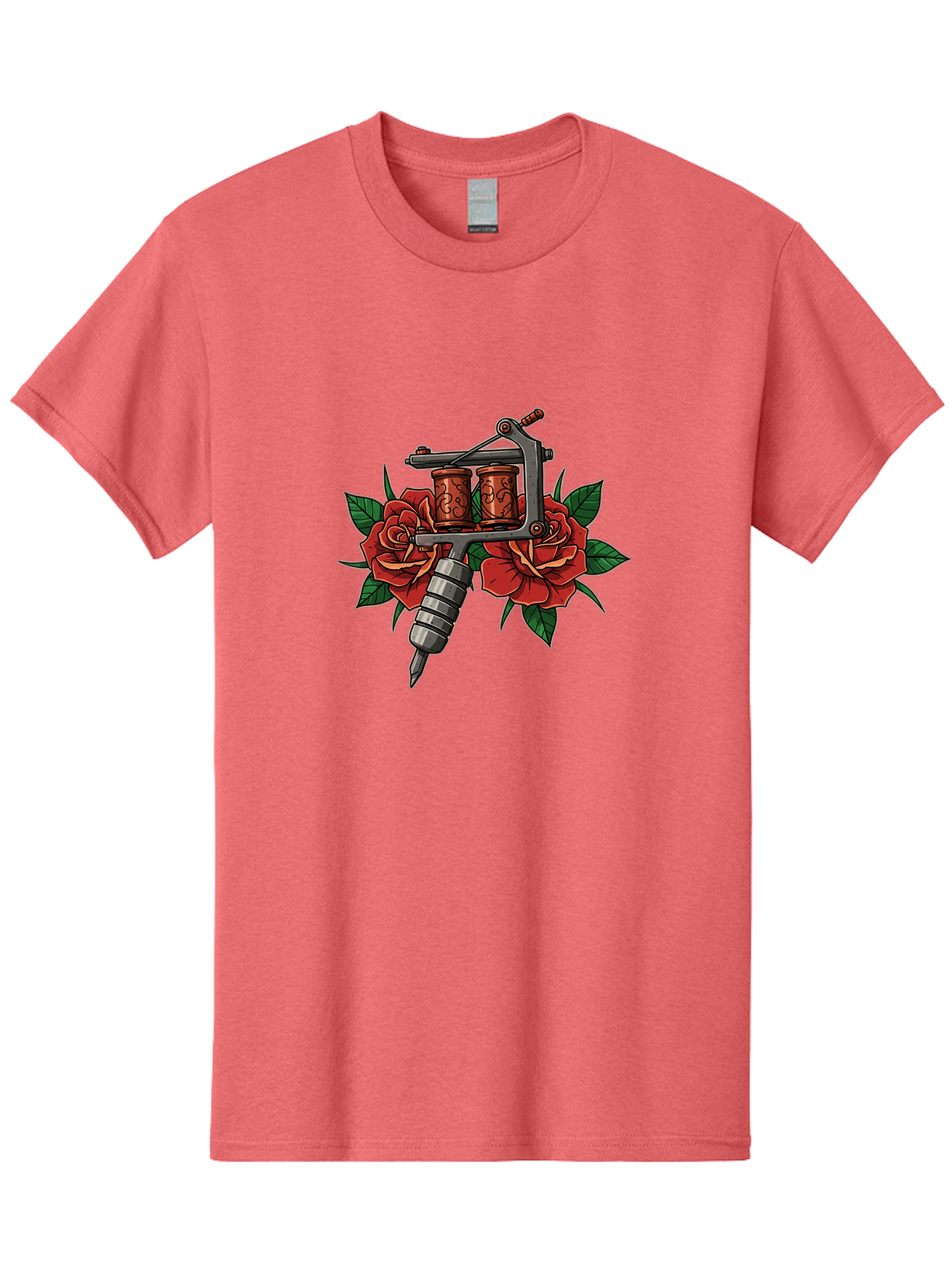 Tattoo-Machine-With-Roses-1 Men'S Graphic Tee, 100% Cotton, Comfortable Casual Summer Wear, Machine Washable, Vintage Tattoo Machine, Red Roses, Floral Design, Tattoo Art, Tattoo Equipment, Traditional Tattooing, Classic Tattoo Machine, Bad810