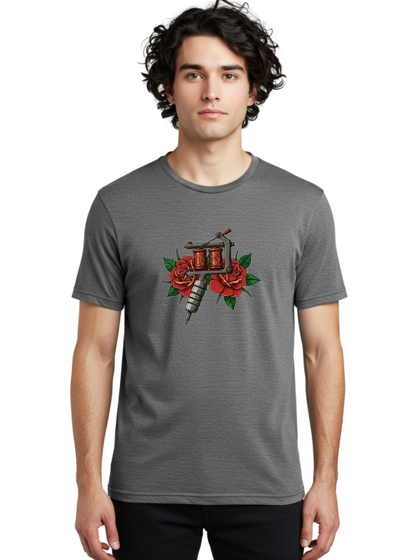 Tattoo-Machine-With-Roses-1 Men'S Graphic Tee, 100% Cotton, Comfortable Casual Summer Wear, Machine Washable, Vintage Tattoo Machine, Red Roses, Floral Design, Tattoo Art, Tattoo Equipment, Traditional Tattooing, Classic Tattoo Machine, Bad810