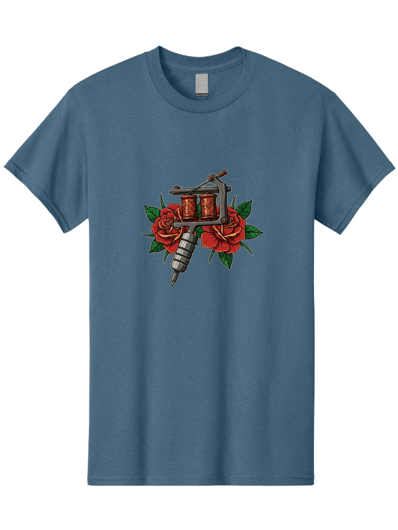Tattoo-Machine-With-Roses-1 Men'S Graphic Tee, 100% Cotton, Comfortable Casual Summer Wear, Machine Washable, Vintage Tattoo Machine, Red Roses, Floral Design, Tattoo Art, Tattoo Equipment, Traditional Tattooing, Classic Tattoo Machine, Bad810
