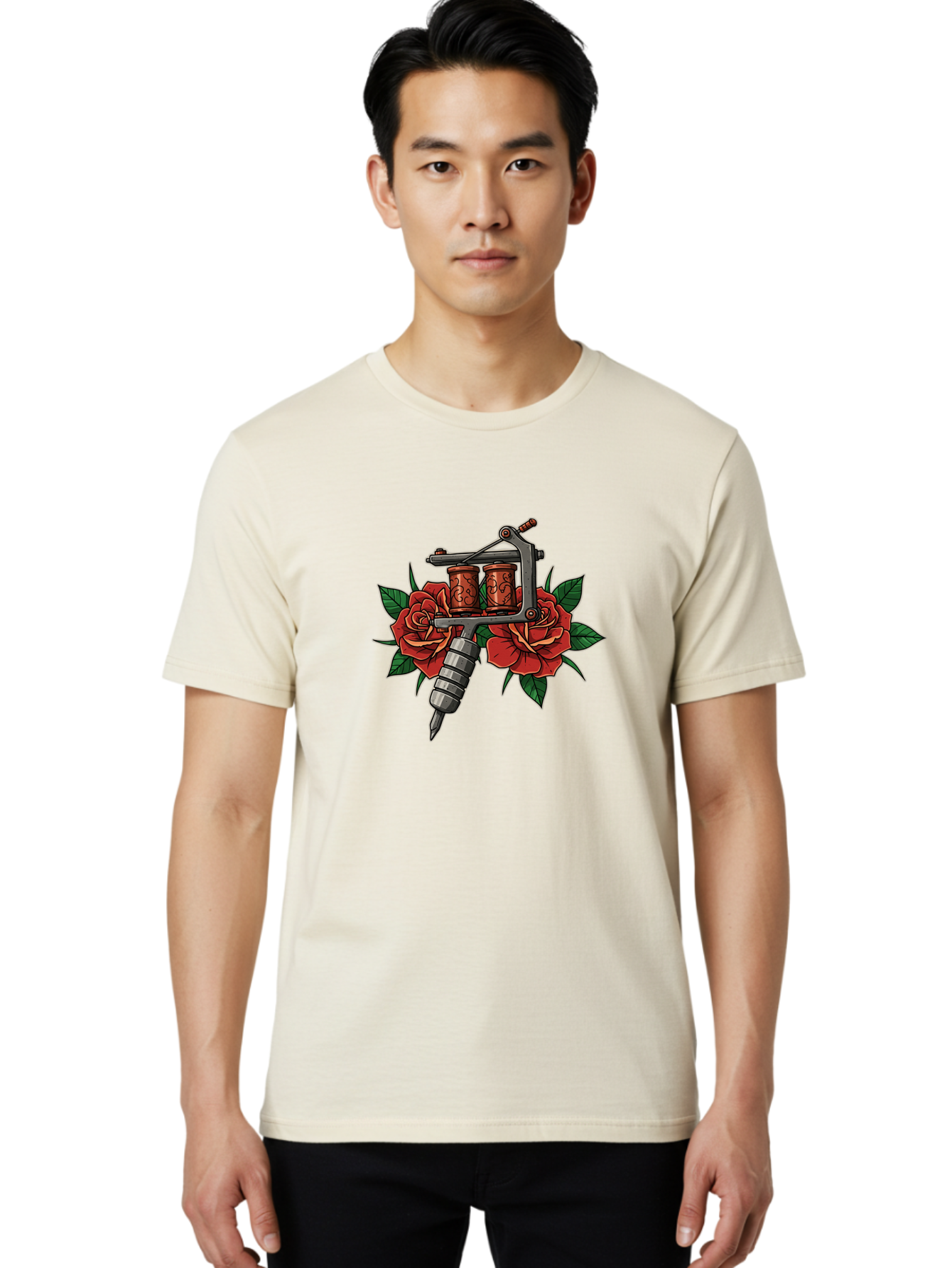 Tattoo-Machine-With-Roses-1 Men'S Graphic Tee, 100% Cotton, Comfortable Casual Summer Wear, Machine Washable, Vintage Tattoo Machine, Red Roses, Floral Design, Tattoo Art, Tattoo Equipment, Traditional Tattooing, Classic Tattoo Machine, Bad810