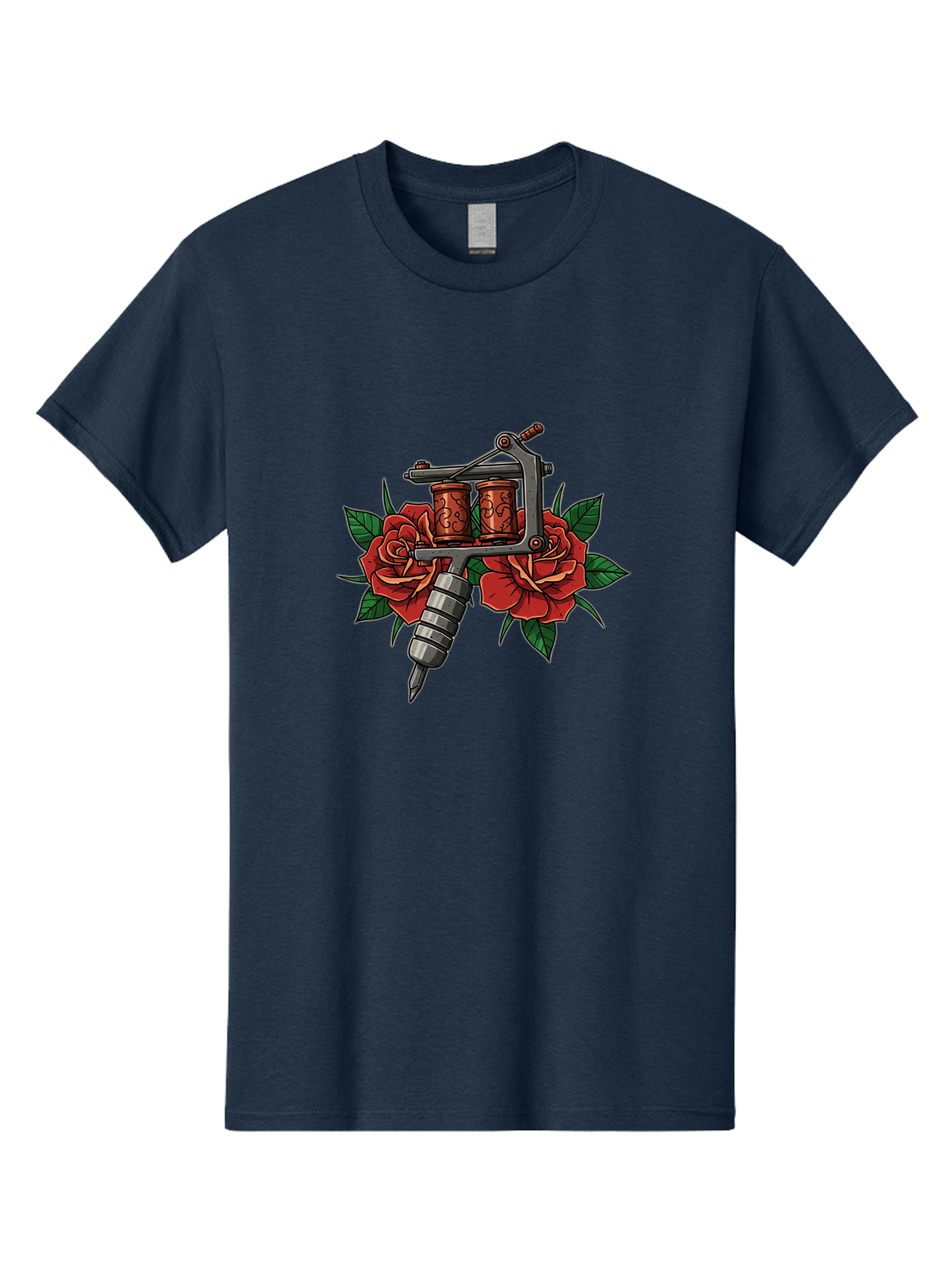 Tattoo-Machine-With-Roses-1 Men'S Graphic Tee, 100% Cotton, Comfortable Casual Summer Wear, Machine Washable, Vintage Tattoo Machine, Red Roses, Floral Design, Tattoo Art, Tattoo Equipment, Traditional Tattooing, Classic Tattoo Machine, Bad810