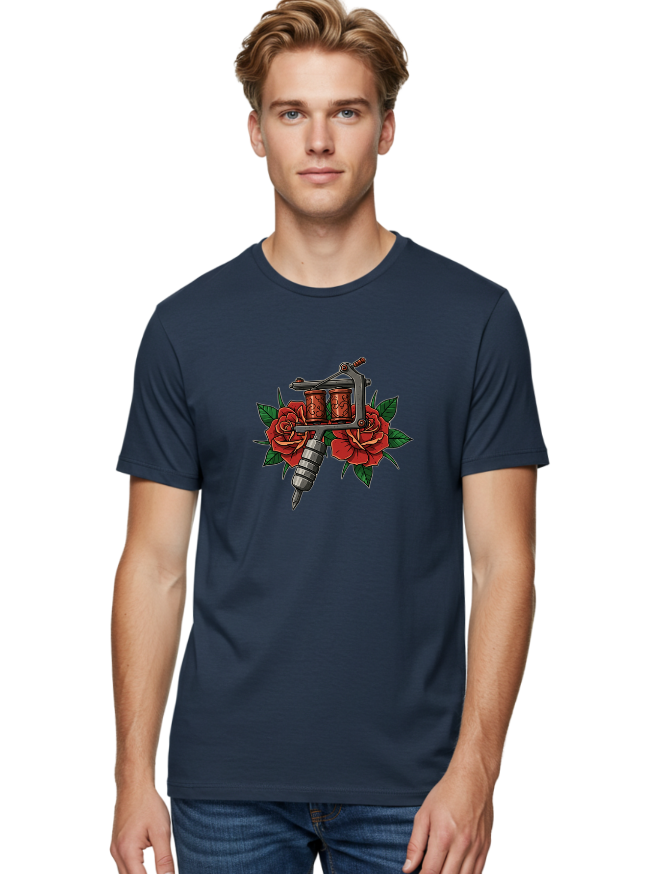 Tattoo-Machine-With-Roses-1 Men'S Graphic Tee, 100% Cotton, Comfortable Casual Summer Wear, Machine Washable, Vintage Tattoo Machine, Red Roses, Floral Design, Tattoo Art, Tattoo Equipment, Traditional Tattooing, Classic Tattoo Machine, Bad810