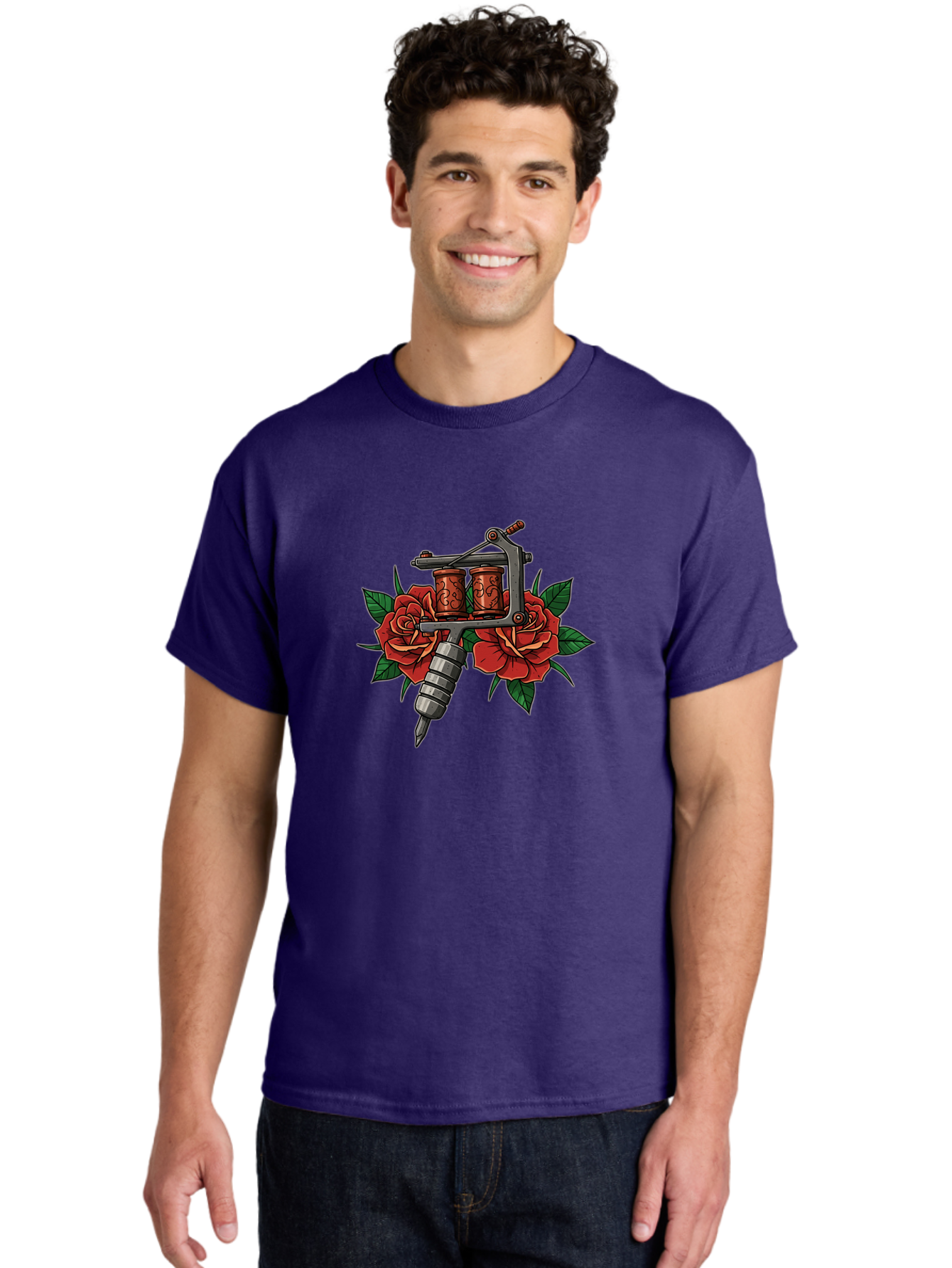 Tattoo-Machine-With-Roses-1 Men'S Graphic Tee, 100% Cotton, Comfortable Casual Summer Wear, Machine Washable, Vintage Tattoo Machine, Red Roses, Floral Design, Tattoo Art, Tattoo Equipment, Traditional Tattooing, Classic Tattoo Machine, Bad810