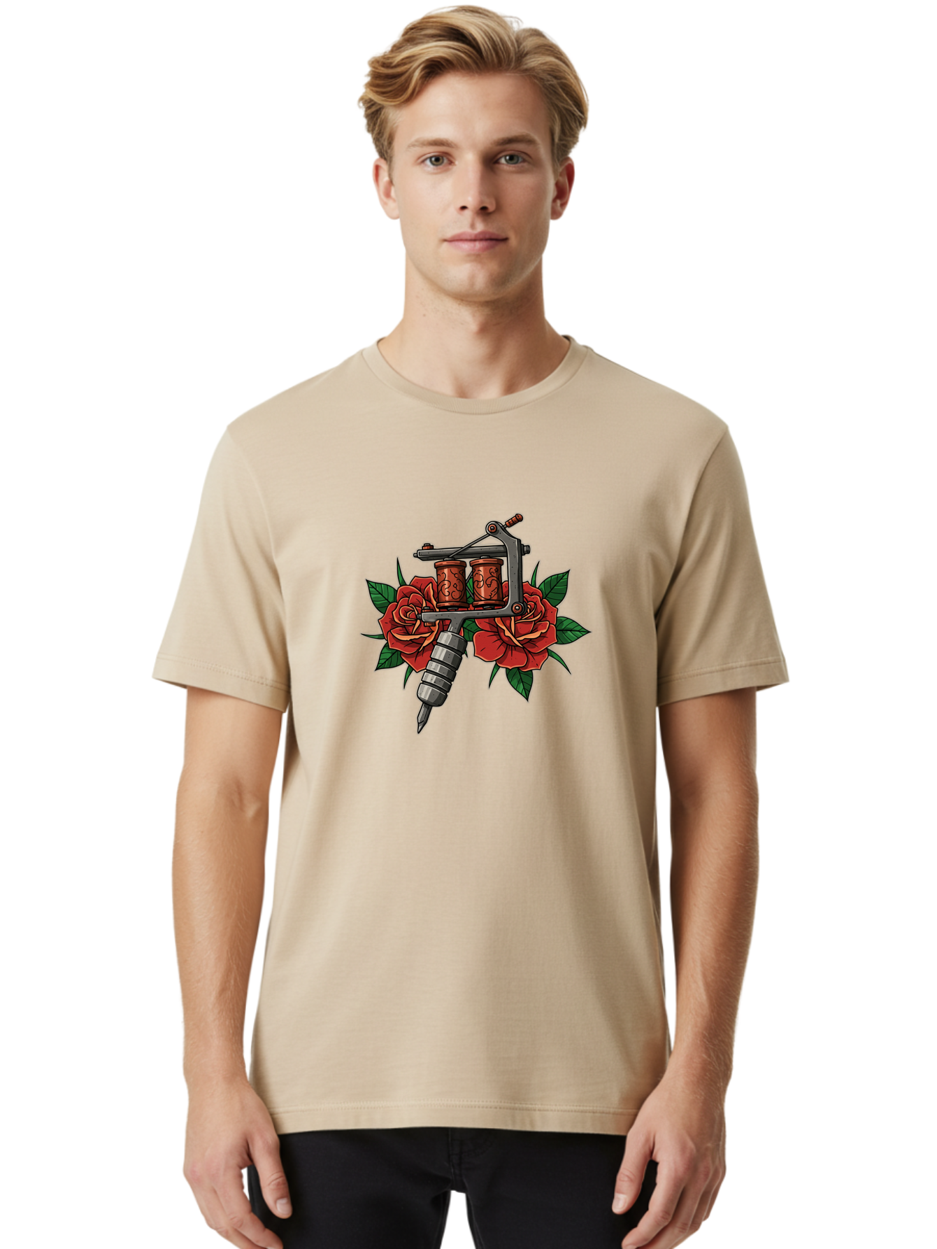 Tattoo-Machine-With-Roses-1 Men'S Graphic Tee, 100% Cotton, Comfortable Casual Summer Wear, Machine Washable, Vintage Tattoo Machine, Red Roses, Floral Design, Tattoo Art, Tattoo Equipment, Traditional Tattooing, Classic Tattoo Machine, Bad810