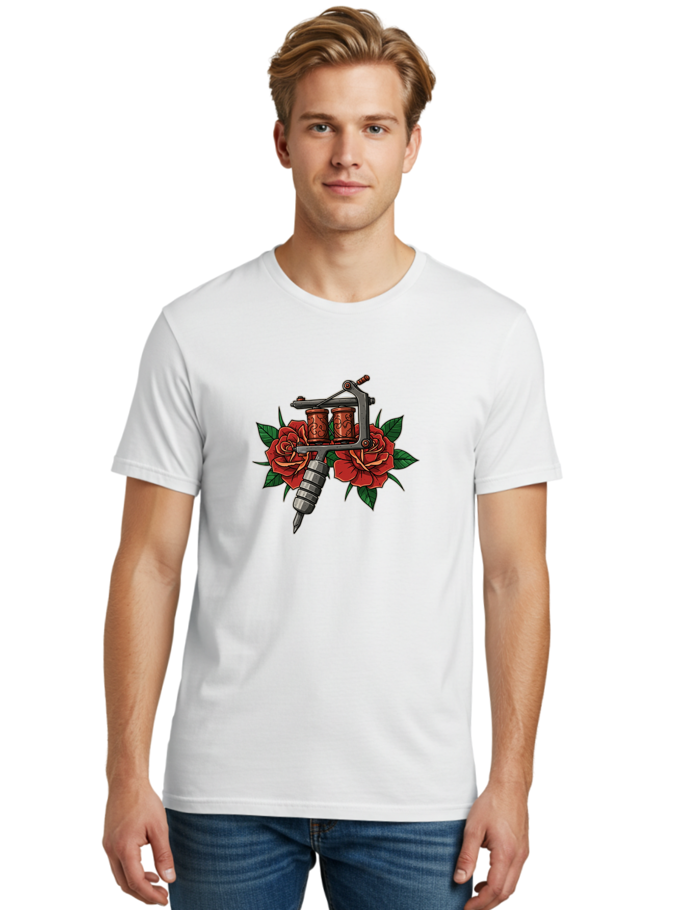 Tattoo-Machine-With-Roses-1 Men'S Graphic Tee, 100% Cotton, Comfortable Casual Summer Wear, Machine Washable, Vintage Tattoo Machine, Red Roses, Floral Design, Tattoo Art, Tattoo Equipment, Traditional Tattooing, Classic Tattoo Machine, Bad810
