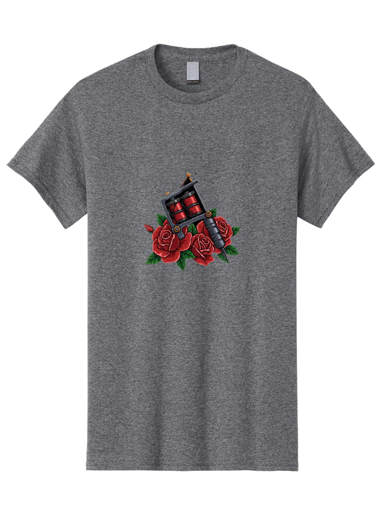Tattoo-Machine-With-Roses Men'S Graphic Tee, 100% Cotton, Comfortable Casual Summer Wear, Machine Washable, Tattoo Machine Illustration, Red Roses, Tattoo Art, Body Art, Inked Design, Roses And Tattoo Equipment, Traditional Tattoo Style Bad811