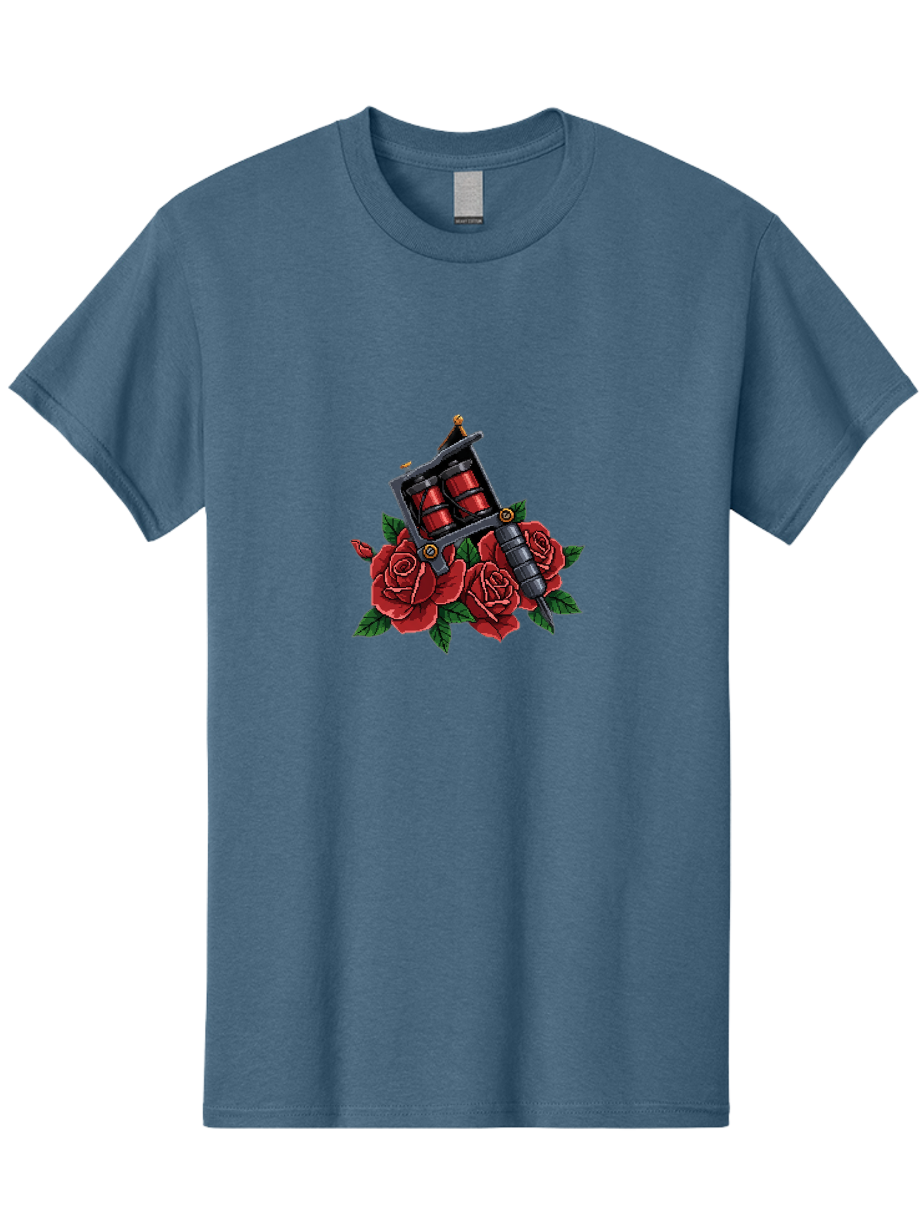 Tattoo-Machine-With-Roses Men'S Graphic Tee, 100% Cotton, Comfortable Casual Summer Wear, Machine Washable, Tattoo Machine Illustration, Red Roses, Tattoo Art, Body Art, Inked Design, Roses And Tattoo Equipment, Traditional Tattoo Style Bad811
