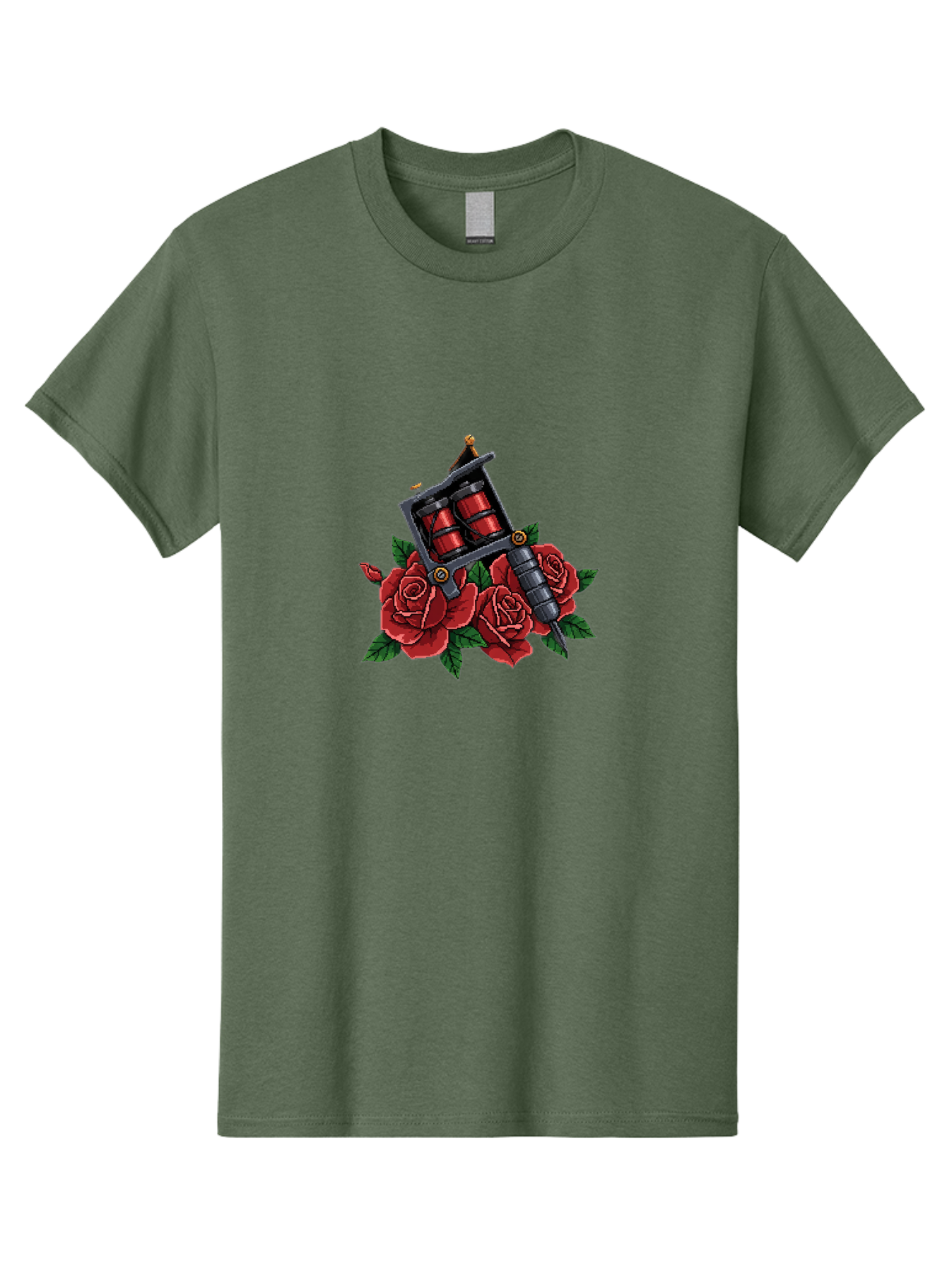 Tattoo-Machine-With-Roses Men'S Graphic Tee, 100% Cotton, Comfortable Casual Summer Wear, Machine Washable, Tattoo Machine Illustration, Red Roses, Tattoo Art, Body Art, Inked Design, Roses And Tattoo Equipment, Traditional Tattoo Style Bad811