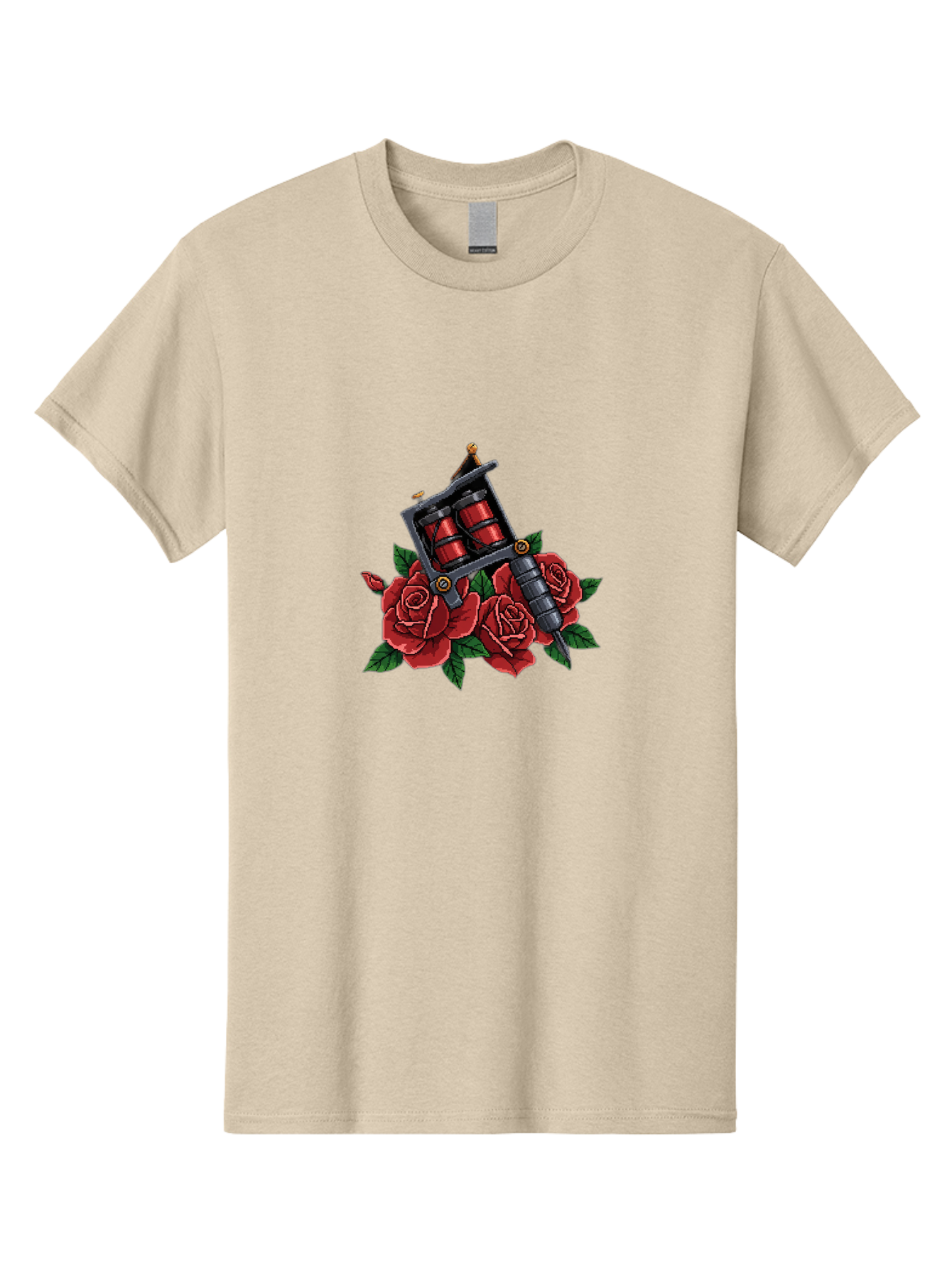 Tattoo-Machine-With-Roses Men'S Graphic Tee, 100% Cotton, Comfortable Casual Summer Wear, Machine Washable, Tattoo Machine Illustration, Red Roses, Tattoo Art, Body Art, Inked Design, Roses And Tattoo Equipment, Traditional Tattoo Style Bad811