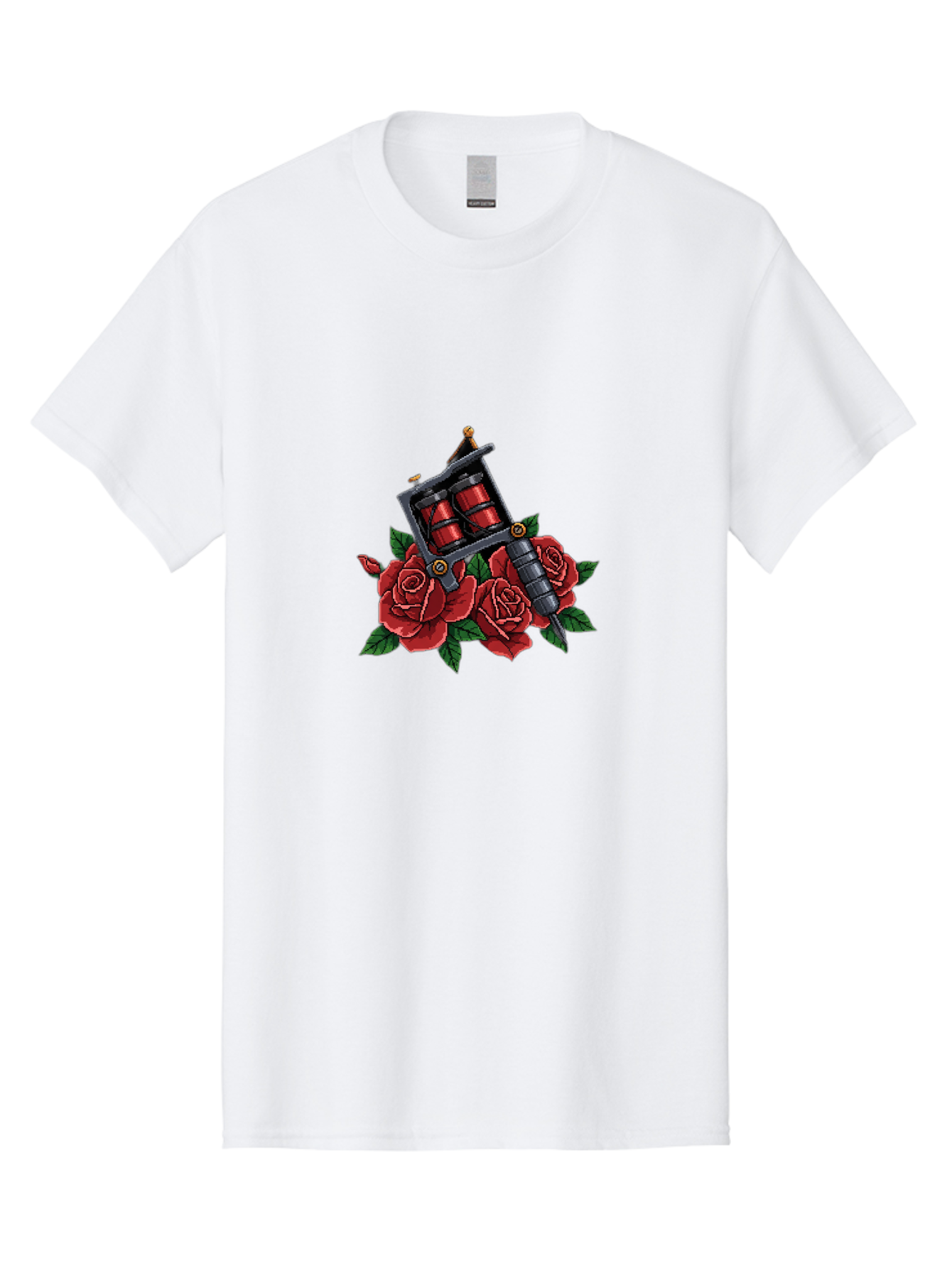 Tattoo-Machine-With-Roses Men'S Graphic Tee, 100% Cotton, Comfortable Casual Summer Wear, Machine Washable, Tattoo Machine Illustration, Red Roses, Tattoo Art, Body Art, Inked Design, Roses And Tattoo Equipment, Traditional Tattoo Style Bad811