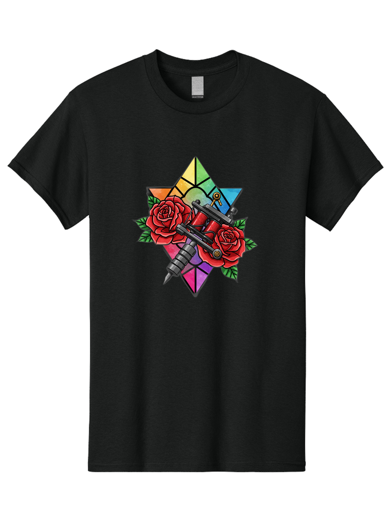 Tattoo-Machines-With-Roses Men'S Graphic Tee, 100% Cotton, Comfortable Casual Summer Wear, Machine Washable, Tattoo Machine, Red Roses, Floral Design, Stained Glass Star, Tattoo Art, Body Art, Tattoo Culture, Vibrant Colors, Tattoo Inspiration Bad813