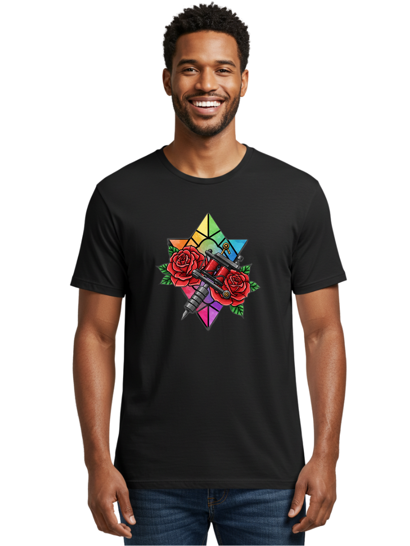 Tattoo-Machines-With-Roses Men'S Graphic Tee, 100% Cotton, Comfortable Casual Summer Wear, Machine Washable, Tattoo Machine, Red Roses, Floral Design, Stained Glass Star, Tattoo Art, Body Art, Tattoo Culture, Vibrant Colors, Tattoo Inspiration Bad813