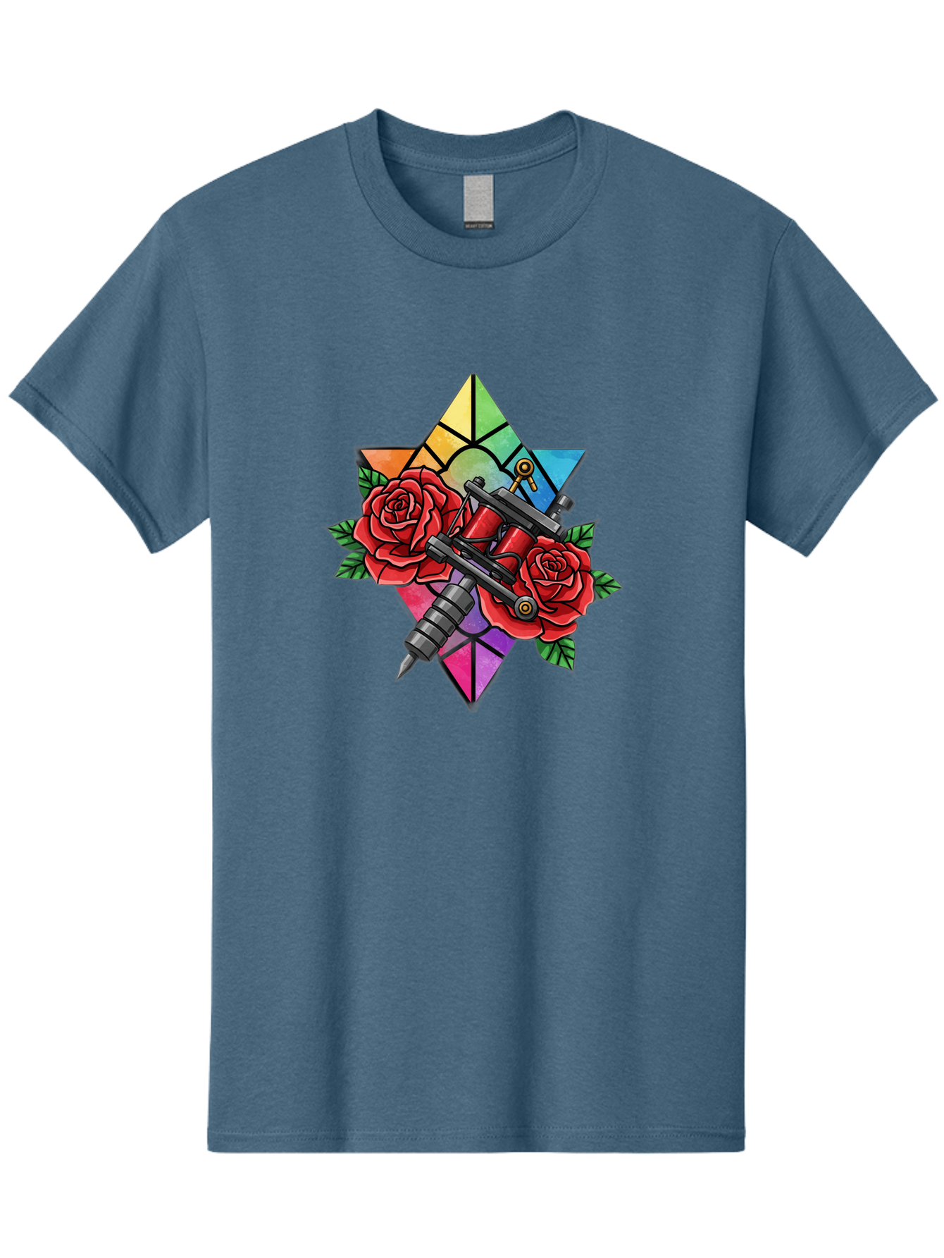 Tattoo-Machines-With-Roses Men'S Graphic Tee, 100% Cotton, Comfortable Casual Summer Wear, Machine Washable, Tattoo Machine, Red Roses, Floral Design, Stained Glass Star, Tattoo Art, Body Art, Tattoo Culture, Vibrant Colors, Tattoo Inspiration Bad813