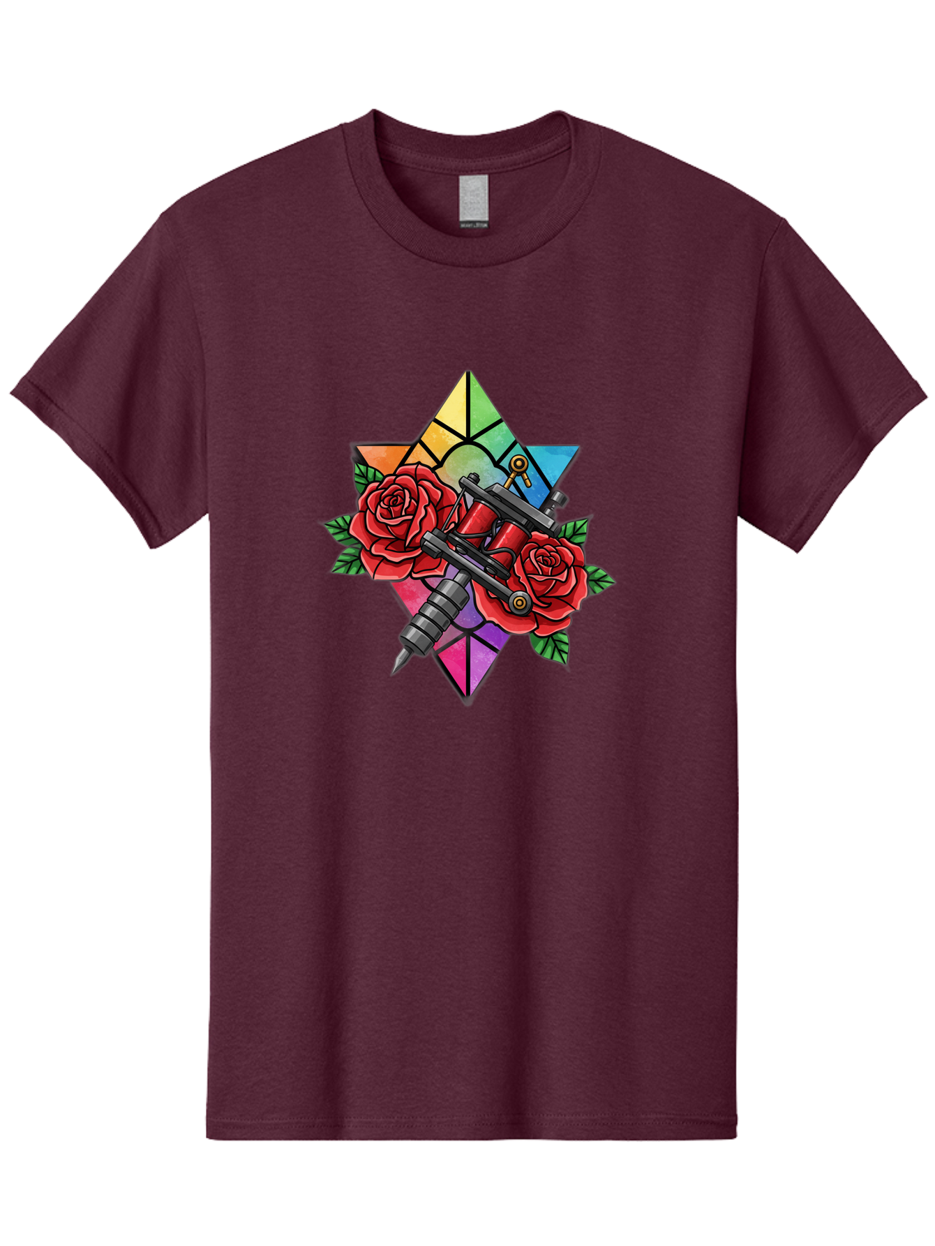 Tattoo-Machines-With-Roses Men'S Graphic Tee, 100% Cotton, Comfortable Casual Summer Wear, Machine Washable, Tattoo Machine, Red Roses, Floral Design, Stained Glass Star, Tattoo Art, Body Art, Tattoo Culture, Vibrant Colors, Tattoo Inspiration Bad813