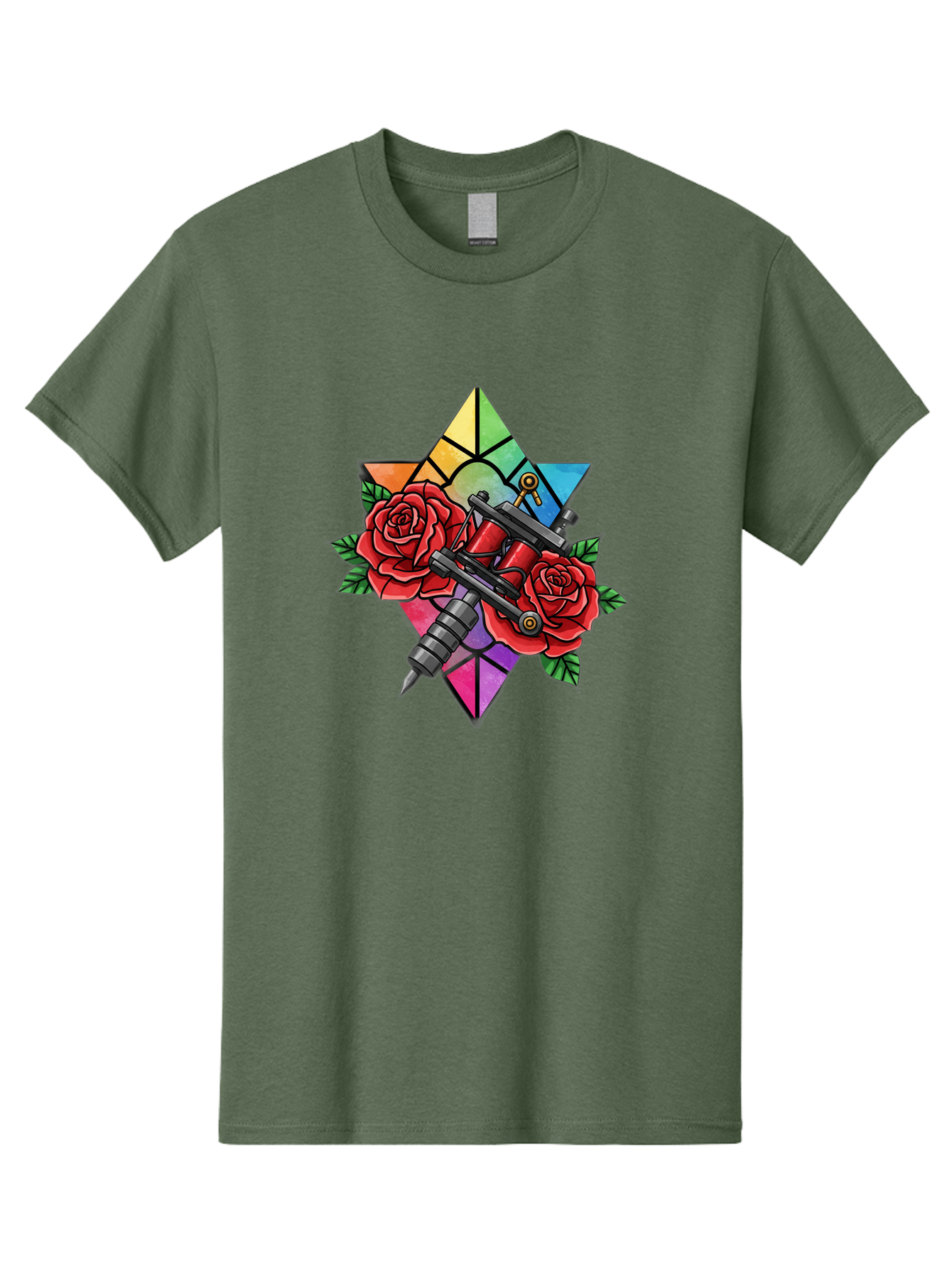Tattoo-Machines-With-Roses Men'S Graphic Tee, 100% Cotton, Comfortable Casual Summer Wear, Machine Washable, Tattoo Machine, Red Roses, Floral Design, Stained Glass Star, Tattoo Art, Body Art, Tattoo Culture, Vibrant Colors, Tattoo Inspiration Bad813