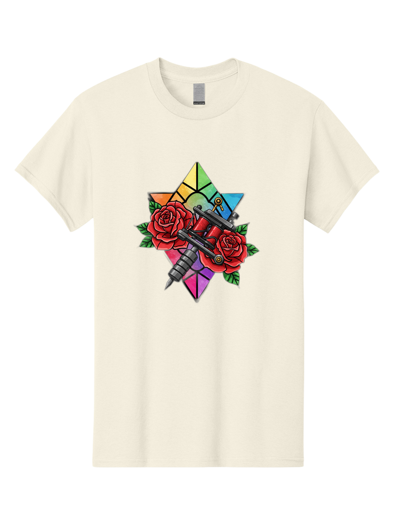 Tattoo-Machines-With-Roses Men'S Graphic Tee, 100% Cotton, Comfortable Casual Summer Wear, Machine Washable, Tattoo Machine, Red Roses, Floral Design, Stained Glass Star, Tattoo Art, Body Art, Tattoo Culture, Vibrant Colors, Tattoo Inspiration Bad813