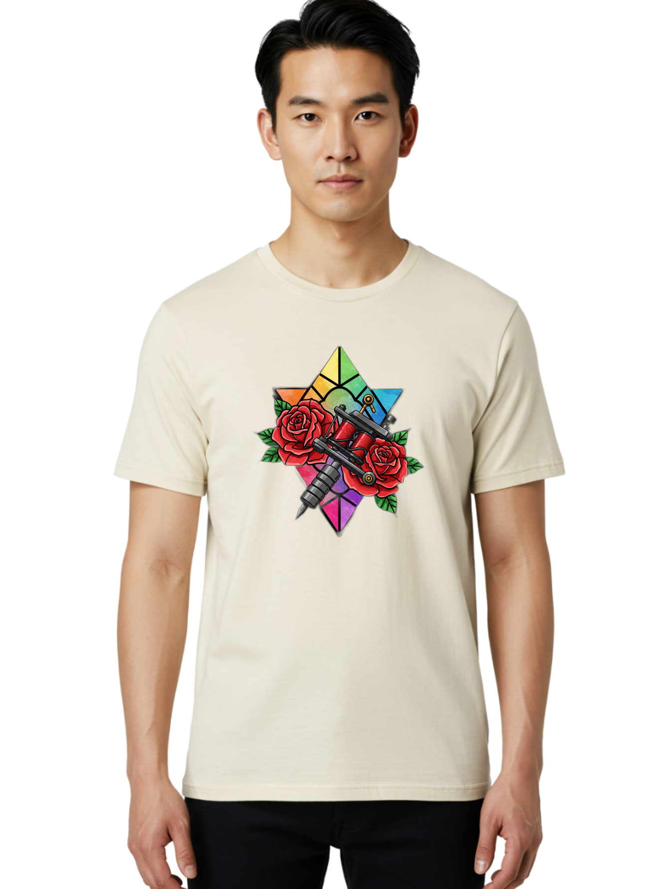 Tattoo-Machines-With-Roses Men'S Graphic Tee, 100% Cotton, Comfortable Casual Summer Wear, Machine Washable, Tattoo Machine, Red Roses, Floral Design, Stained Glass Star, Tattoo Art, Body Art, Tattoo Culture, Vibrant Colors, Tattoo Inspiration Bad813