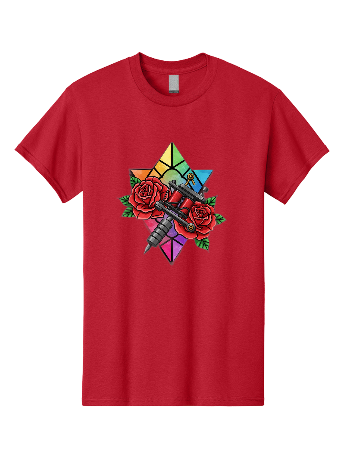 Tattoo-Machines-With-Roses Men'S Graphic Tee, 100% Cotton, Comfortable Casual Summer Wear, Machine Washable, Tattoo Machine, Red Roses, Floral Design, Stained Glass Star, Tattoo Art, Body Art, Tattoo Culture, Vibrant Colors, Tattoo Inspiration Bad813