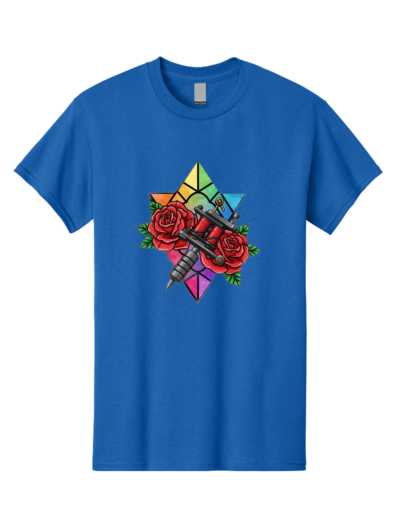 Tattoo-Machines-With-Roses Men'S Graphic Tee, 100% Cotton, Comfortable Casual Summer Wear, Machine Washable, Tattoo Machine, Red Roses, Floral Design, Stained Glass Star, Tattoo Art, Body Art, Tattoo Culture, Vibrant Colors, Tattoo Inspiration Bad813