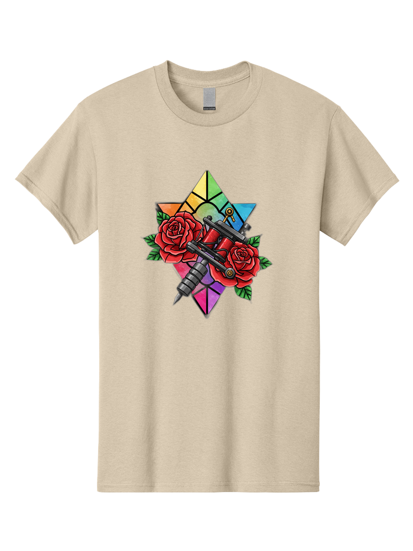 Tattoo-Machines-With-Roses Men'S Graphic Tee, 100% Cotton, Comfortable Casual Summer Wear, Machine Washable, Tattoo Machine, Red Roses, Floral Design, Stained Glass Star, Tattoo Art, Body Art, Tattoo Culture, Vibrant Colors, Tattoo Inspiration Bad813