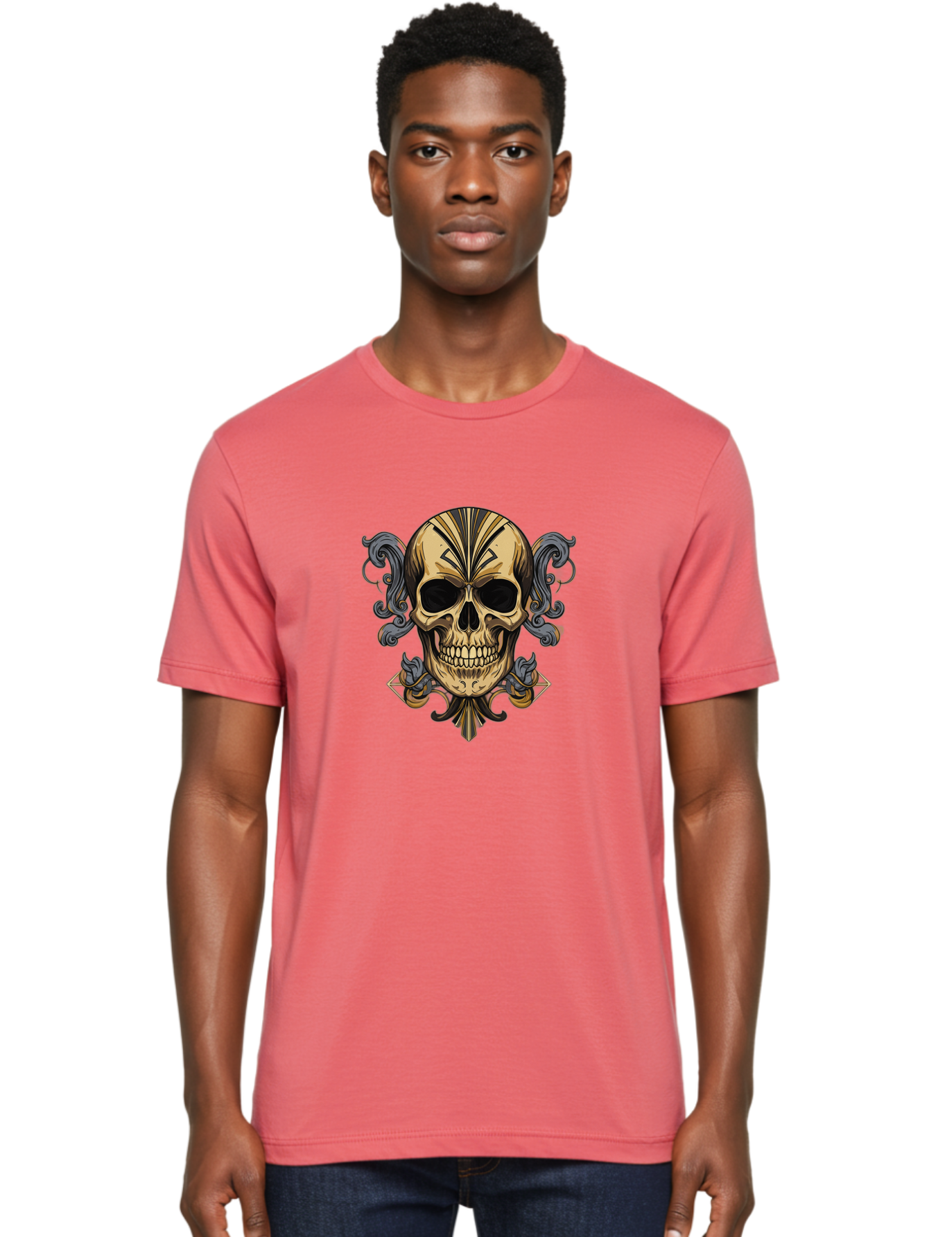 Tattoo-Skull Men'S Graphic Tee, 100% Cotton, Comfortable Casual Summer Wear, Machine Washable, Tribal Skull Art, Gold Skull, Black Tribal Patterns, Ornate Designs, Gothic Elements, Edgy Aesthetic, Skull Illustration, Day Of The Dead, Bad814