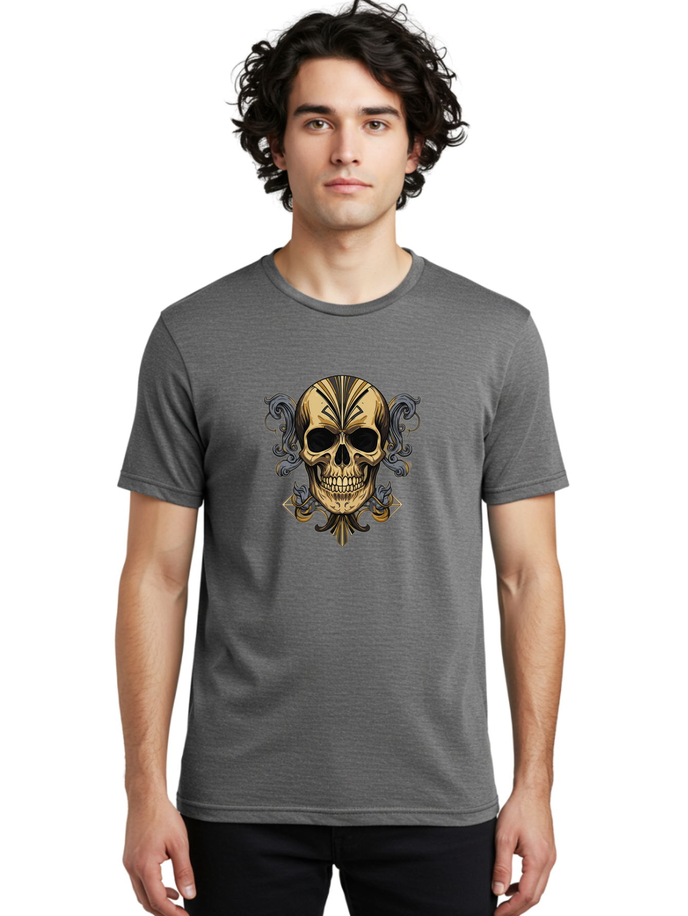 Tattoo-Skull Men'S Graphic Tee, 100% Cotton, Comfortable Casual Summer Wear, Machine Washable, Tribal Skull Art, Gold Skull, Black Tribal Patterns, Ornate Designs, Gothic Elements, Edgy Aesthetic, Skull Illustration, Day Of The Dead, Bad814