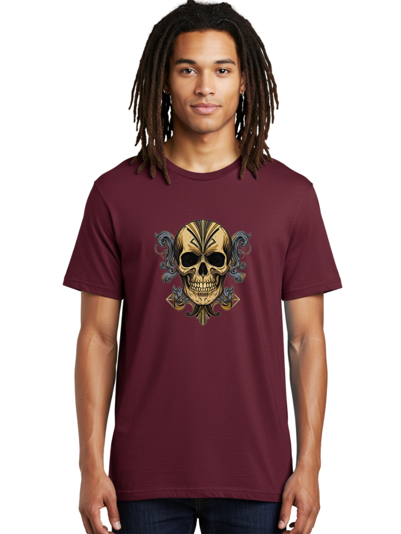 Tattoo-Skull Men'S Graphic Tee, 100% Cotton, Comfortable Casual Summer Wear, Machine Washable, Tribal Skull Art, Gold Skull, Black Tribal Patterns, Ornate Designs, Gothic Elements, Edgy Aesthetic, Skull Illustration, Day Of The Dead, Bad814