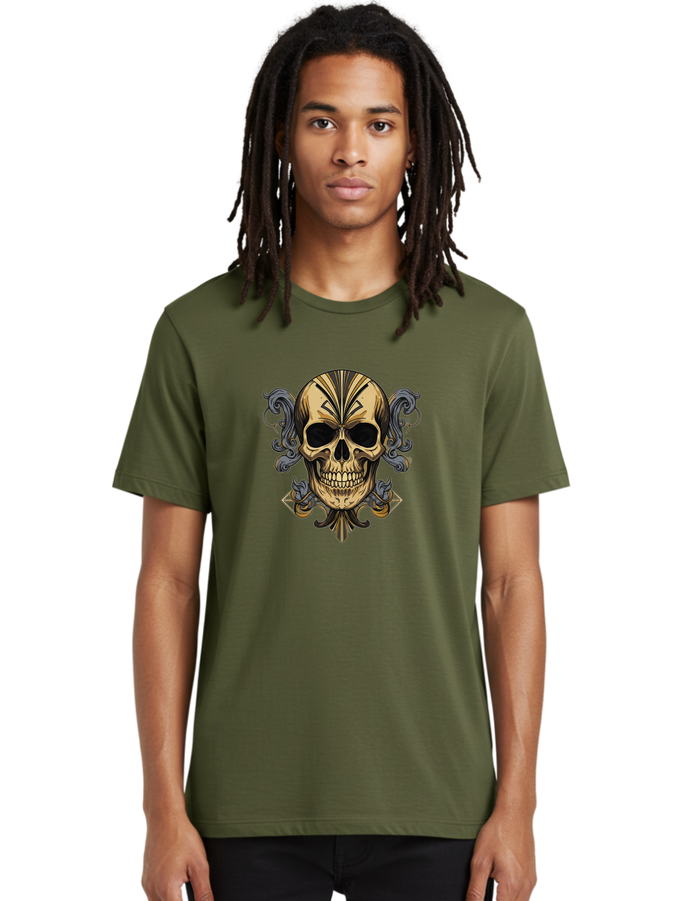 Tattoo-Skull Men'S Graphic Tee, 100% Cotton, Comfortable Casual Summer Wear, Machine Washable, Tribal Skull Art, Gold Skull, Black Tribal Patterns, Ornate Designs, Gothic Elements, Edgy Aesthetic, Skull Illustration, Day Of The Dead, Bad814