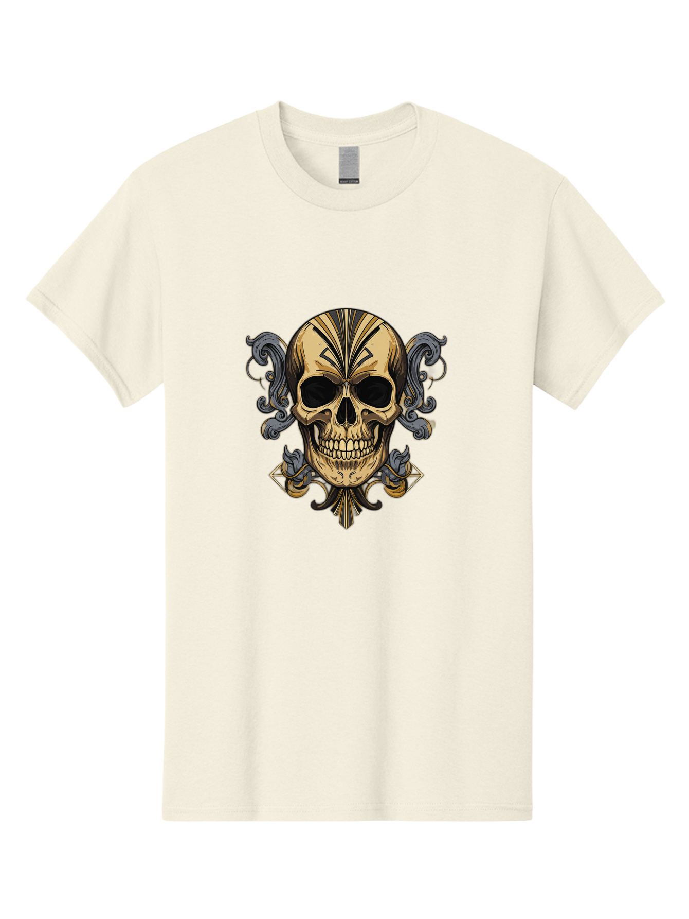 Tattoo-Skull Men'S Graphic Tee, 100% Cotton, Comfortable Casual Summer Wear, Machine Washable, Tribal Skull Art, Gold Skull, Black Tribal Patterns, Ornate Designs, Gothic Elements, Edgy Aesthetic, Skull Illustration, Day Of The Dead, Bad814