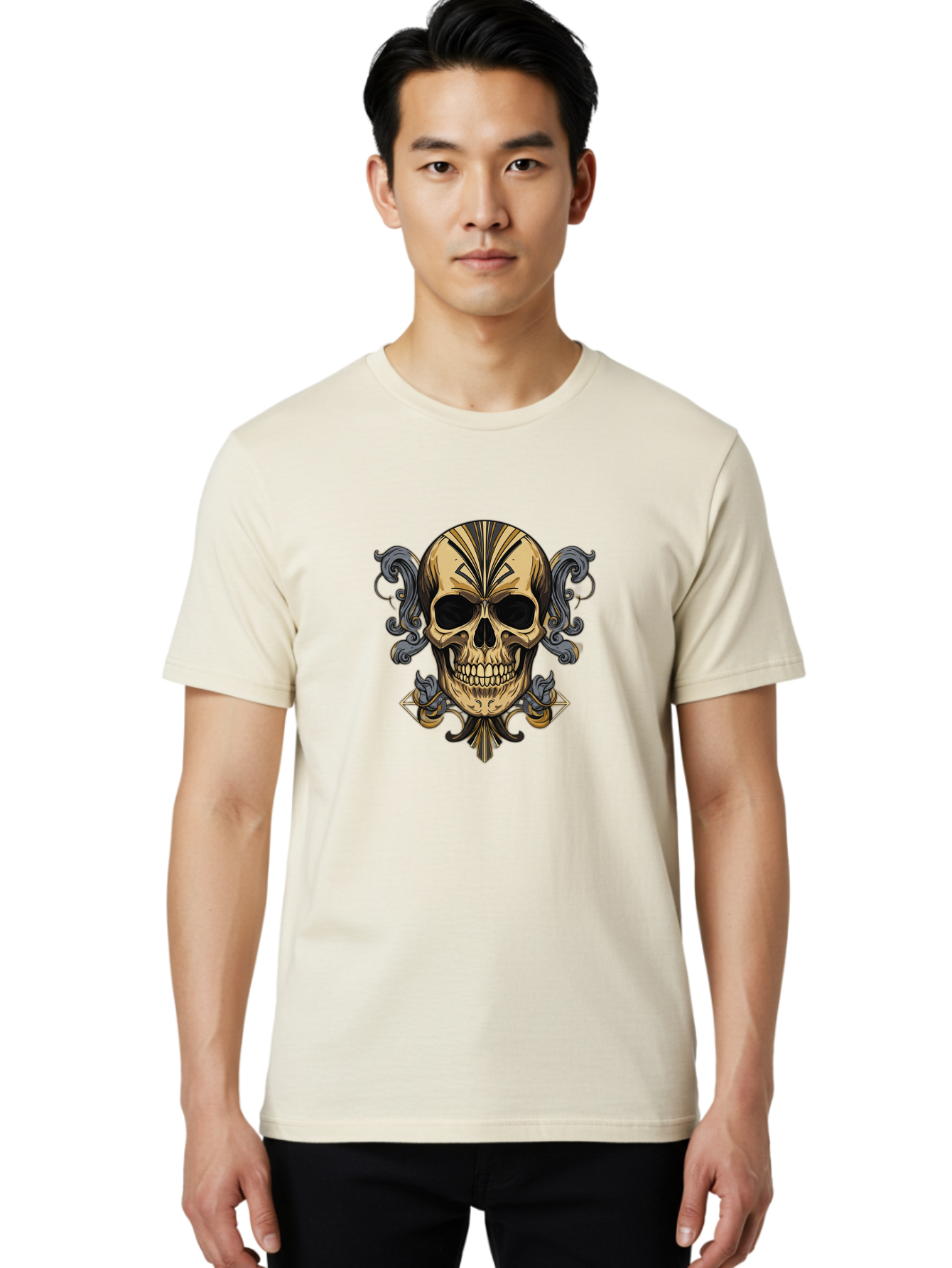 Tattoo-Skull Men'S Graphic Tee, 100% Cotton, Comfortable Casual Summer Wear, Machine Washable, Tribal Skull Art, Gold Skull, Black Tribal Patterns, Ornate Designs, Gothic Elements, Edgy Aesthetic, Skull Illustration, Day Of The Dead, Bad814