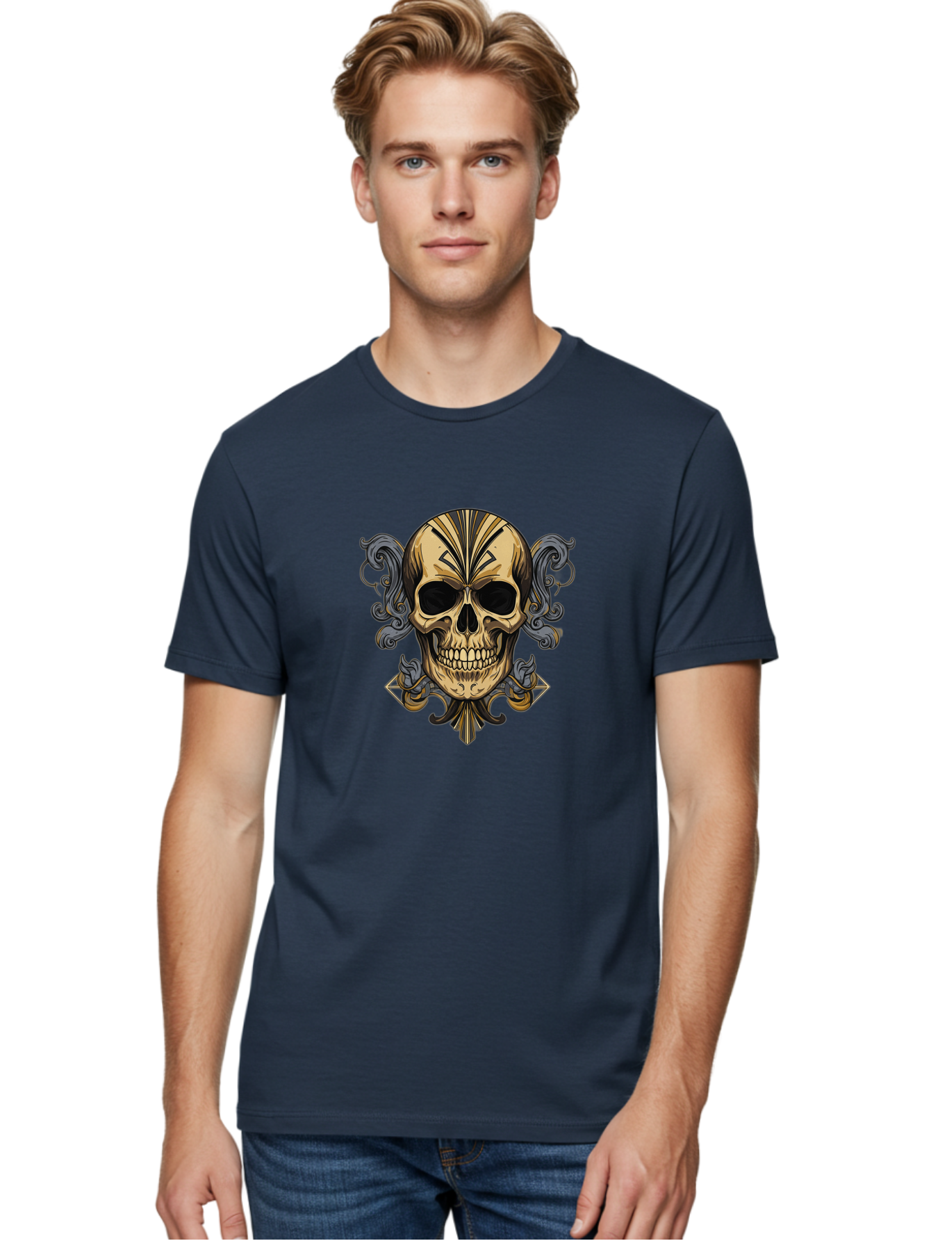 Tattoo-Skull Men'S Graphic Tee, 100% Cotton, Comfortable Casual Summer Wear, Machine Washable, Tribal Skull Art, Gold Skull, Black Tribal Patterns, Ornate Designs, Gothic Elements, Edgy Aesthetic, Skull Illustration, Day Of The Dead, Bad814