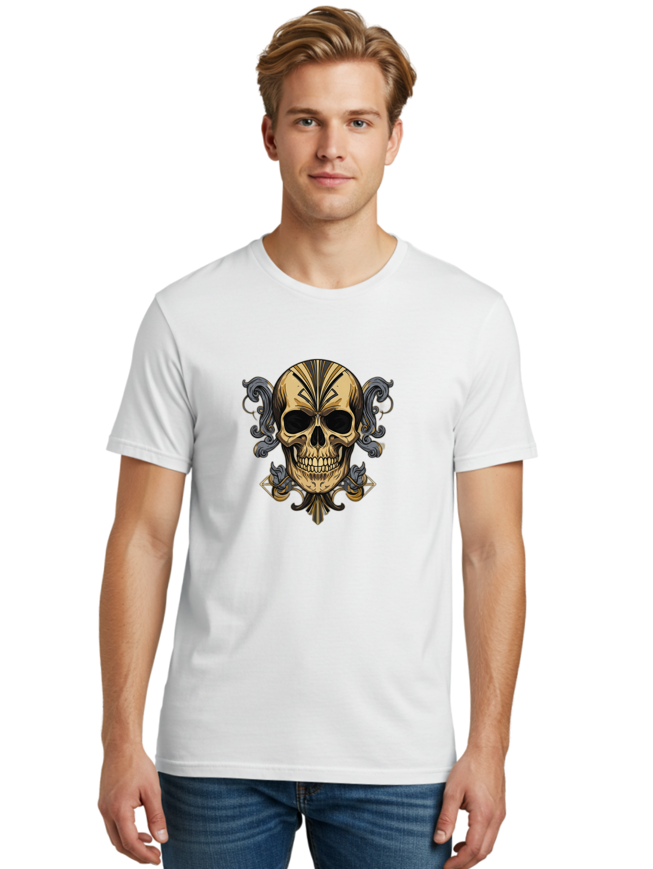 Tattoo-Skull Men'S Graphic Tee, 100% Cotton, Comfortable Casual Summer Wear, Machine Washable, Tribal Skull Art, Gold Skull, Black Tribal Patterns, Ornate Designs, Gothic Elements, Edgy Aesthetic, Skull Illustration, Day Of The Dead, Bad814