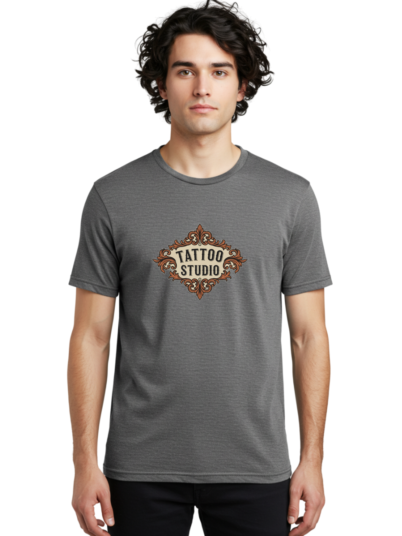 Tattoo-Studio Men'S Graphic Tee, 100% Cotton, Comfortable Casual Summer Wear, Machine Washable, Tattoo Studio, Vintage Design, Ornate Decor, Floral Patterns, Black Lettering, Traditional Tattoo Art, Classic Style Bad822