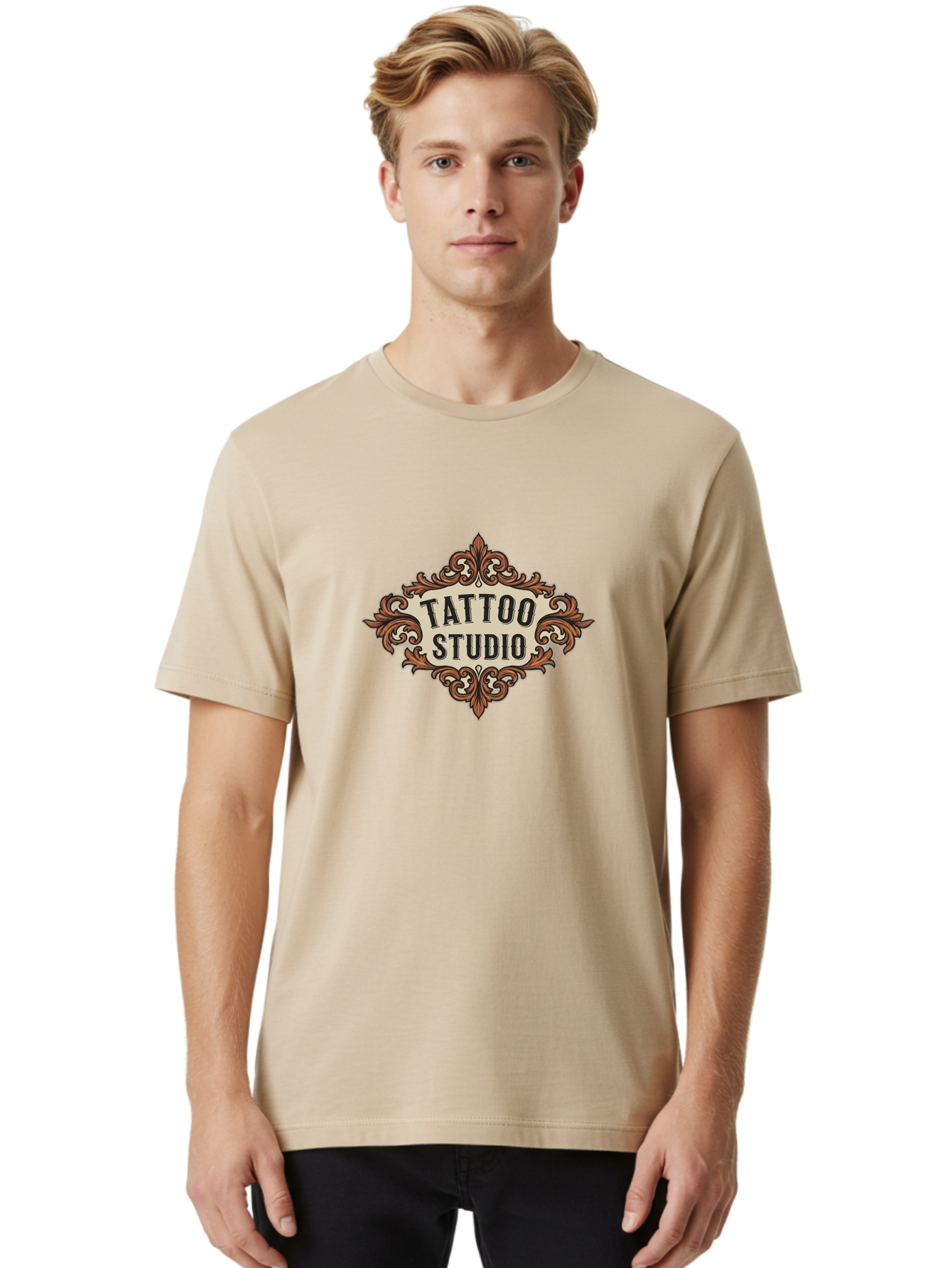 Tattoo-Studio Men'S Graphic Tee, 100% Cotton, Comfortable Casual Summer Wear, Machine Washable, Tattoo Studio, Vintage Design, Ornate Decor, Floral Patterns, Black Lettering, Traditional Tattoo Art, Classic Style Bad822