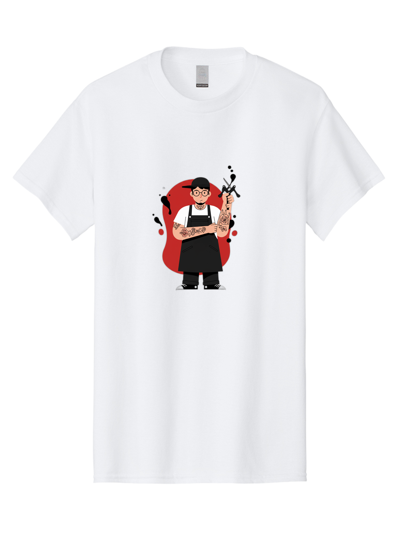 Tattooed-Barber Men'S Graphic Tee, 100% Cotton, Comfortable Casual Summer Wear, Machine Washable, Tattoo Artist At Work, Body Art, Creative Profession, Ink Splatters, Tattoo Machine, Artistic Expression, Tattoo Culture, Body Modification Bad824
