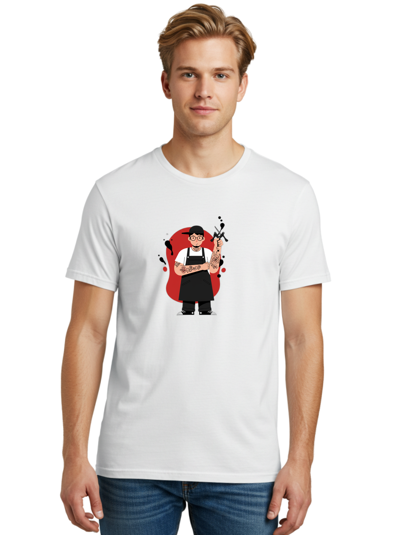 Tattooed-Barber Men'S Graphic Tee, 100% Cotton, Comfortable Casual Summer Wear, Machine Washable, Tattoo Artist At Work, Body Art, Creative Profession, Ink Splatters, Tattoo Machine, Artistic Expression, Tattoo Culture, Body Modification Bad824