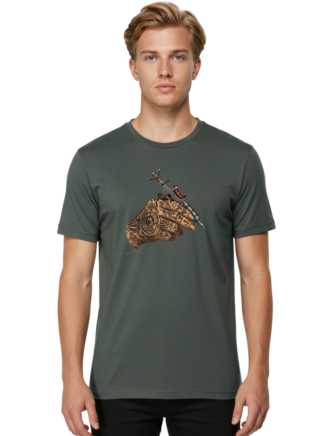 Tattooed-Hand-Holding-Tattoo-Machine-1 Men'S Graphic Tee, 100% Cotton, Comfortable Casual Summer Wear, Machine Washable, Tattoo Machine, Tattooed Hand, Intricate Designs, Body Art, Tattoo Culture, Artistry, Creativity, Self-Expression, Bad825
