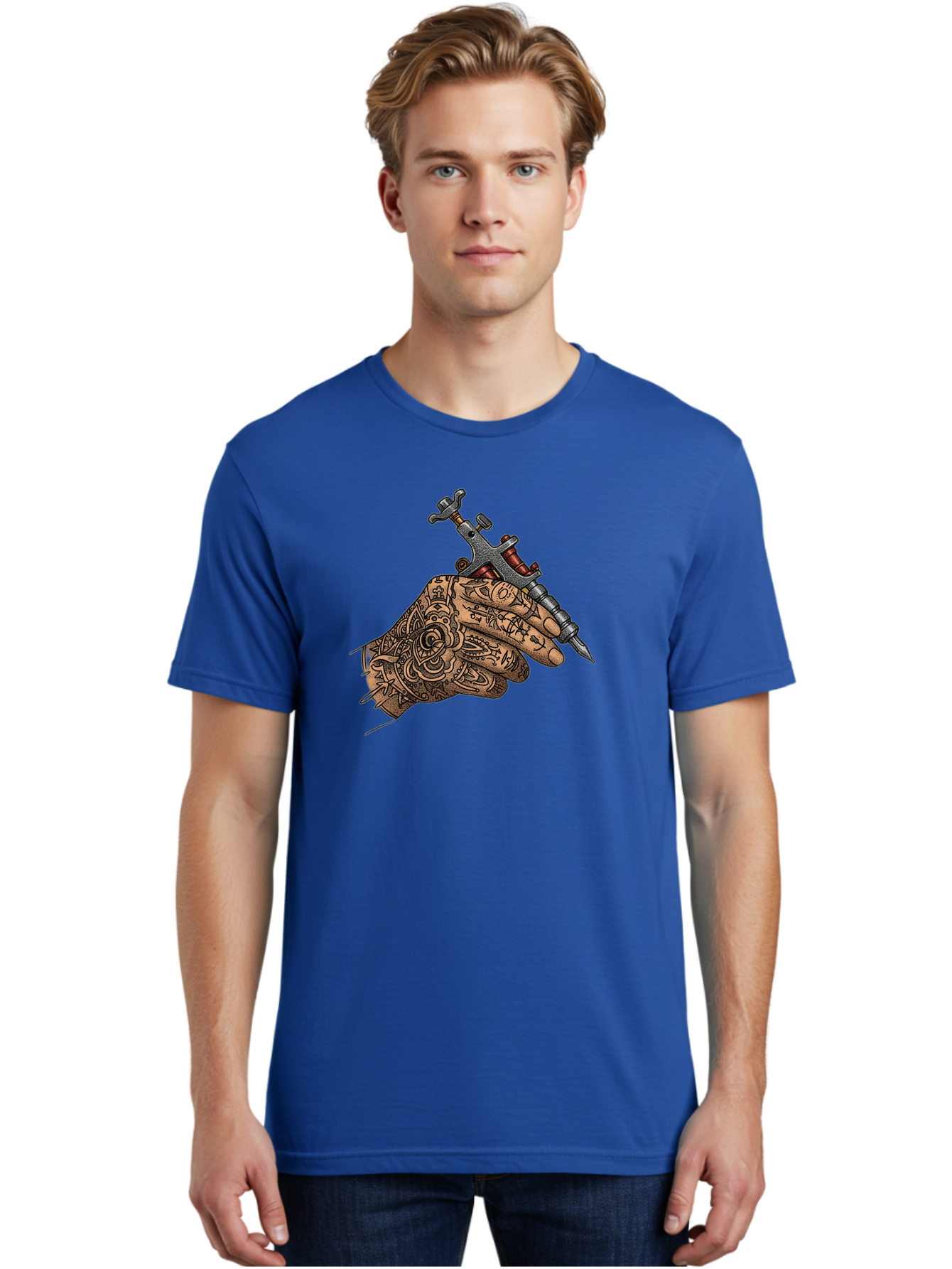 Tattooed-Hand-Holding-Tattoo-Machine-1 Men'S Graphic Tee, 100% Cotton, Comfortable Casual Summer Wear, Machine Washable, Tattoo Machine, Tattooed Hand, Intricate Designs, Body Art, Tattoo Culture, Artistry, Creativity, Self-Expression, Bad825