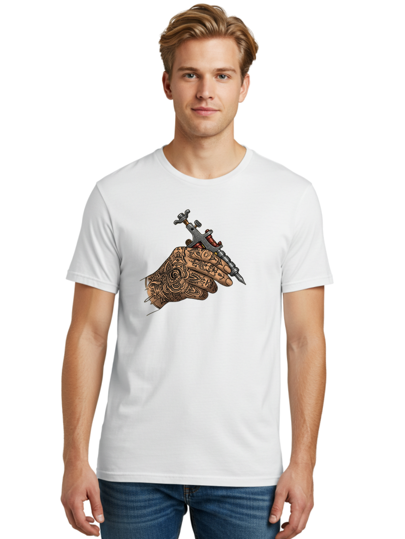 Tattooed-Hand-Holding-Tattoo-Machine-1 Men'S Graphic Tee, 100% Cotton, Comfortable Casual Summer Wear, Machine Washable, Tattoo Machine, Tattooed Hand, Intricate Designs, Body Art, Tattoo Culture, Artistry, Creativity, Self-Expression, Bad825