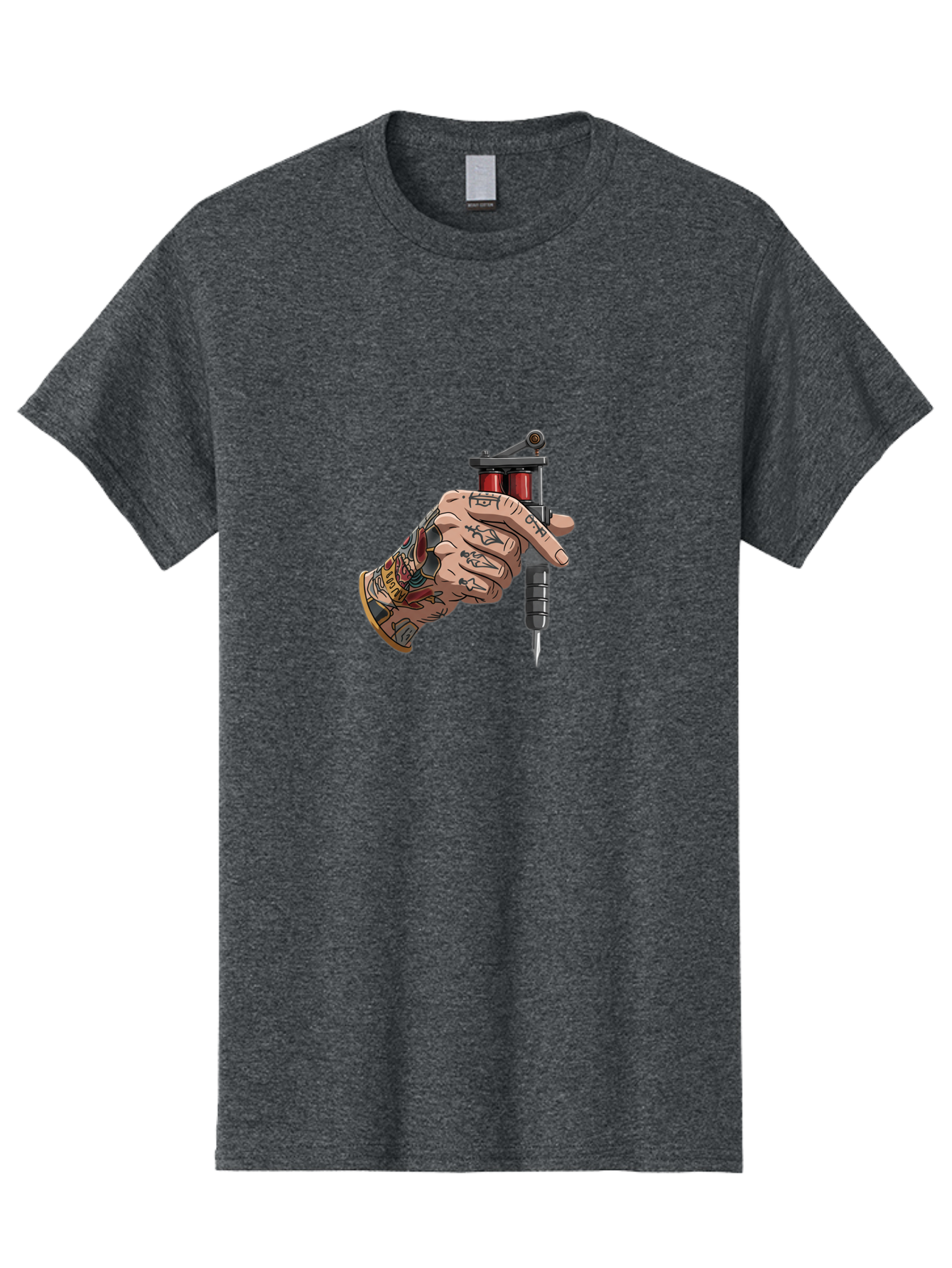 Tattooed-Hand-Holding-Tattoo-Machine Men'S Graphic Tee, 100% Cotton, Comfortable Casual Summer Wear, Machine Washable, Tattooed Hand, Cartoon Illustration, Tattoo Machine, Ink Art, Body Art, Tattoo Culture, Body Modification Bad826