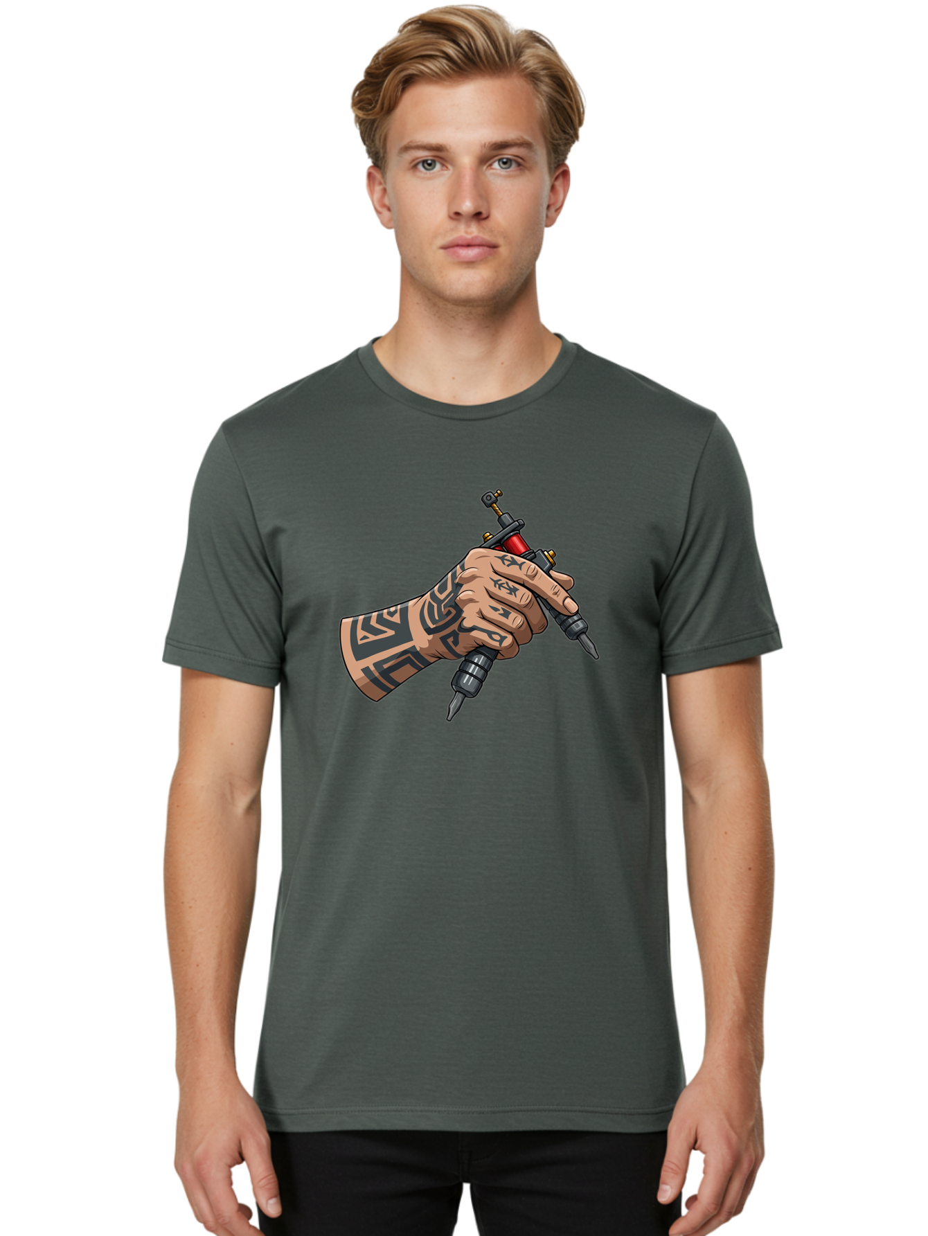 Tattooed-Hand-Holding-Tattoo-Machines Men'S Graphic Tee, 100% Cotton, Comfortable Casual Summer Wear, Machine Washable, Tattooed Hand, Tattoo Machines, Body Art, Ink, Tattoo Artist, Tribal Patterns, Black Ink, Graphic Illustration, Bad827