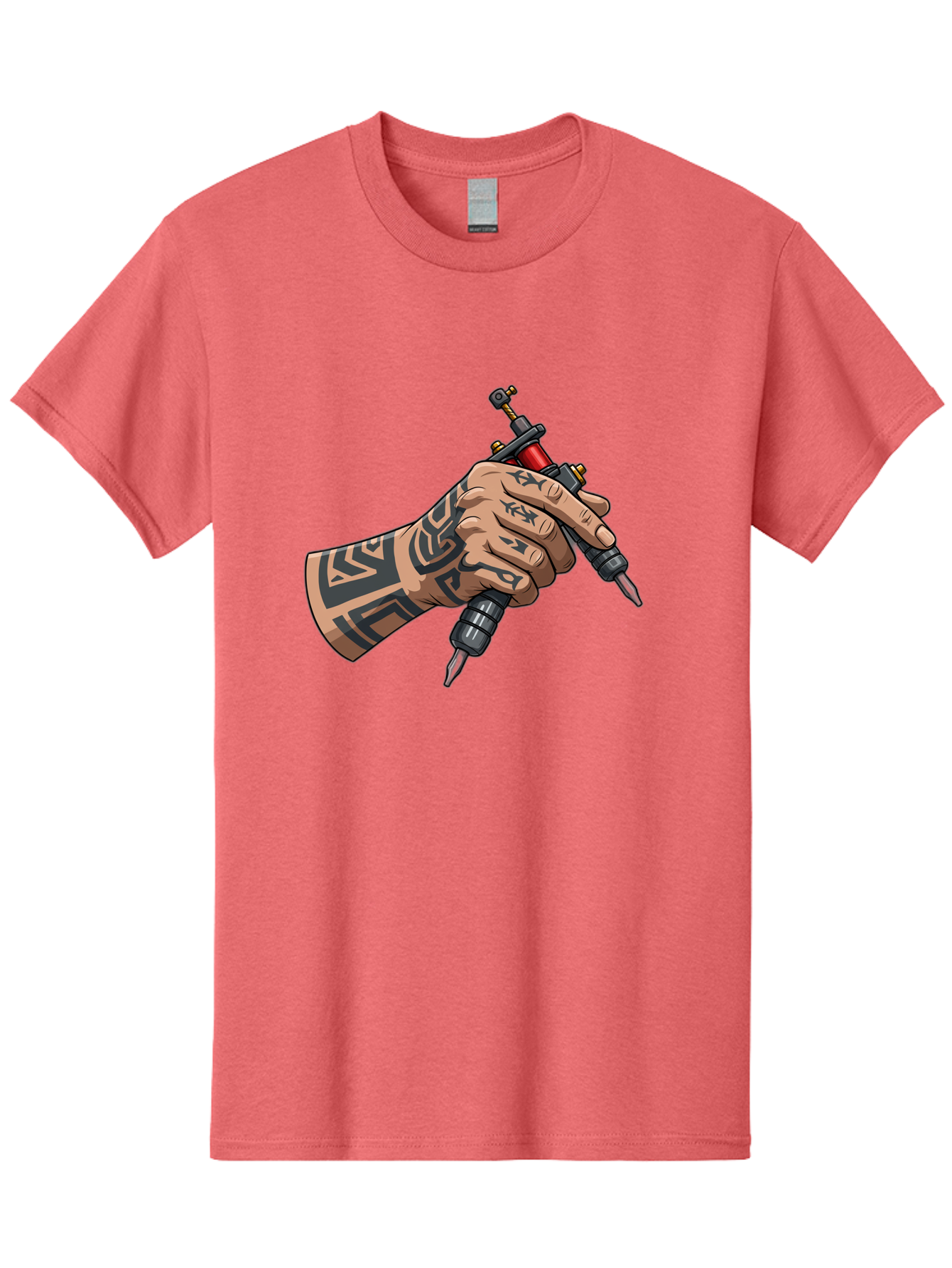 Tattooed-Hand-Holding-Tattoo-Machines Men'S Graphic Tee, 100% Cotton, Comfortable Casual Summer Wear, Machine Washable, Tattooed Hand, Tattoo Machines, Body Art, Ink, Tattoo Artist, Tribal Patterns, Black Ink, Graphic Illustration, Bad827