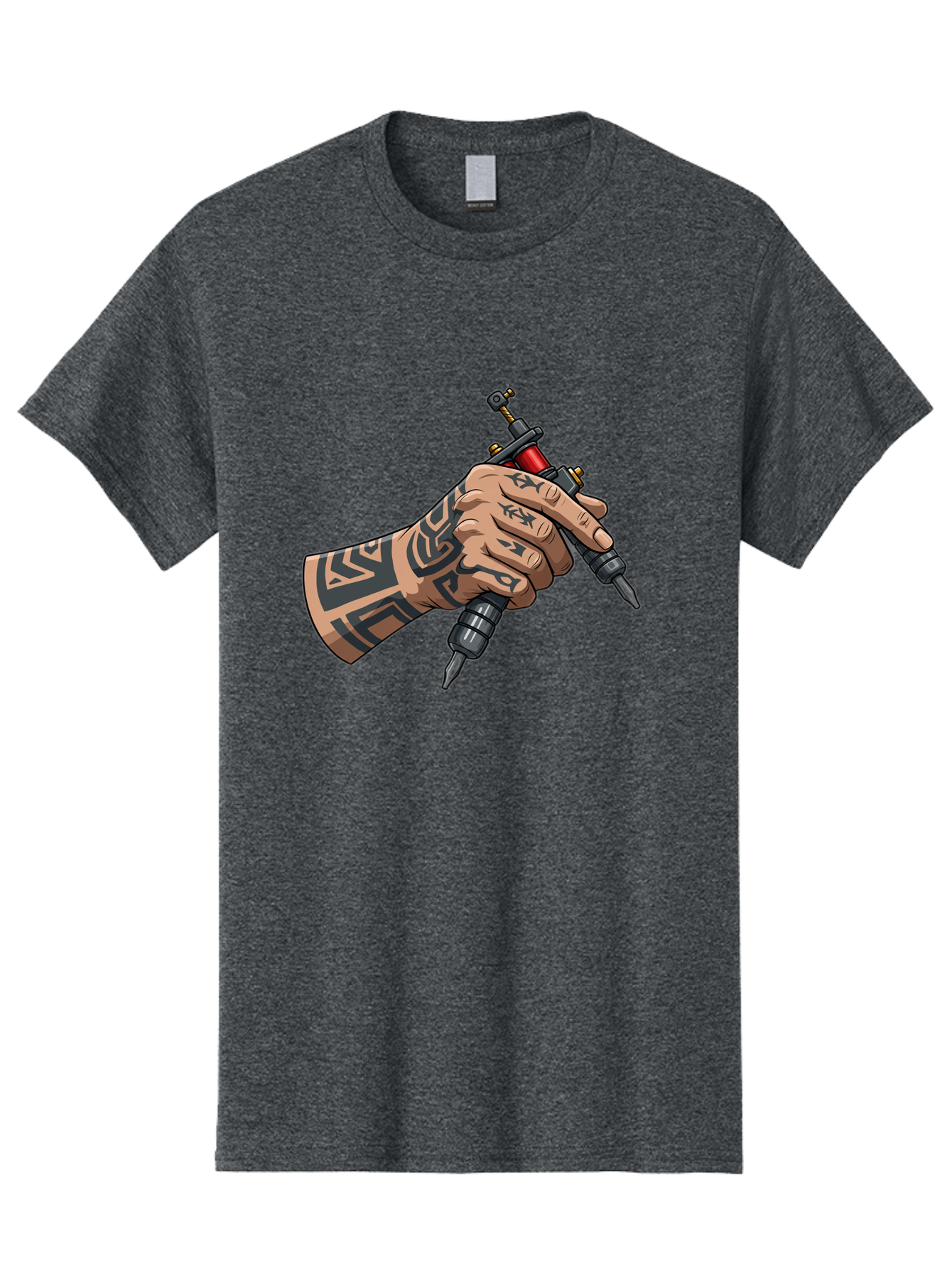 Tattooed-Hand-Holding-Tattoo-Machines Men'S Graphic Tee, 100% Cotton, Comfortable Casual Summer Wear, Machine Washable, Tattooed Hand, Tattoo Machines, Body Art, Ink, Tattoo Artist, Tribal Patterns, Black Ink, Graphic Illustration, Bad827