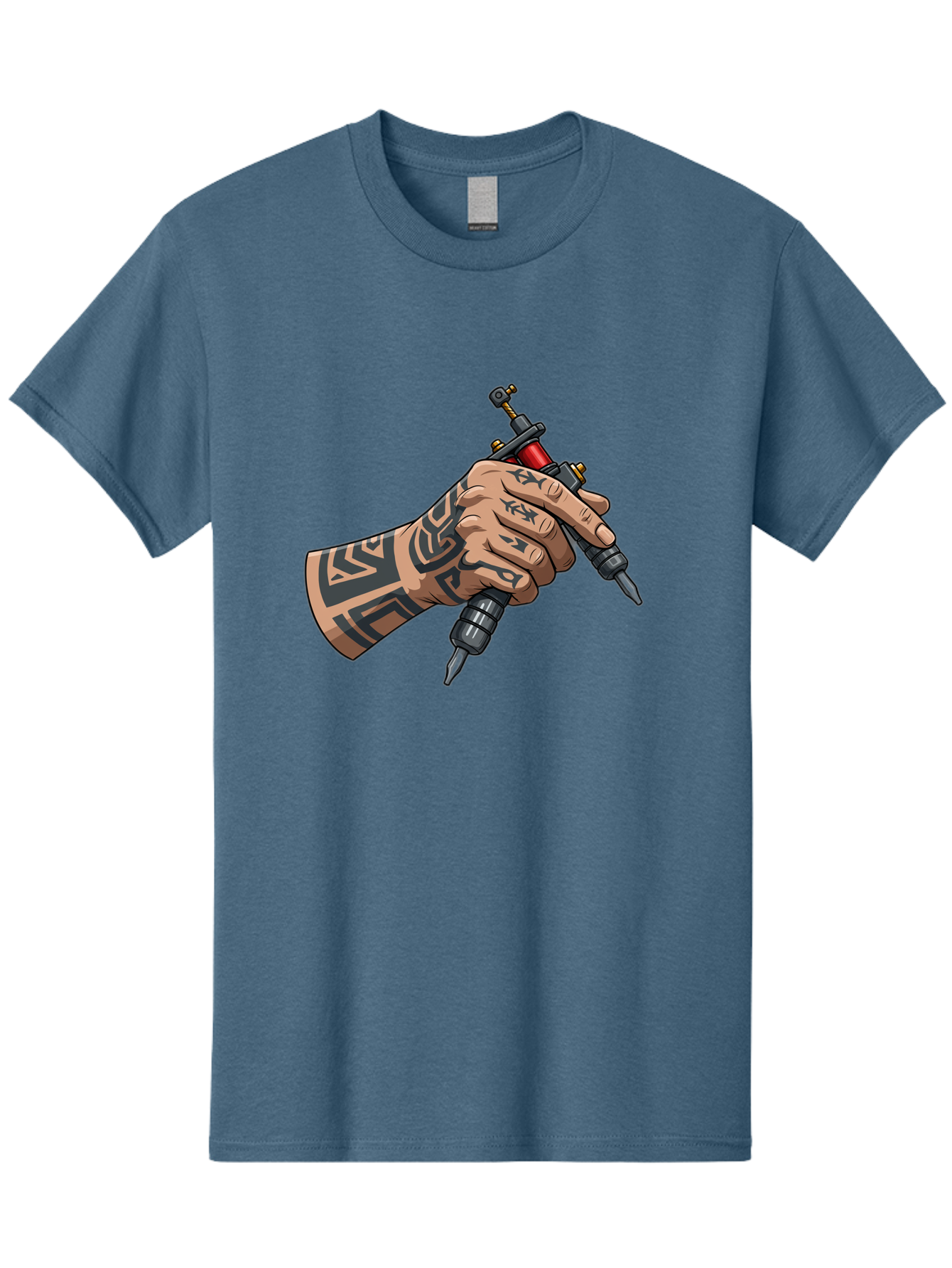Tattooed-Hand-Holding-Tattoo-Machines Men'S Graphic Tee, 100% Cotton, Comfortable Casual Summer Wear, Machine Washable, Tattooed Hand, Tattoo Machines, Body Art, Ink, Tattoo Artist, Tribal Patterns, Black Ink, Graphic Illustration, Bad827